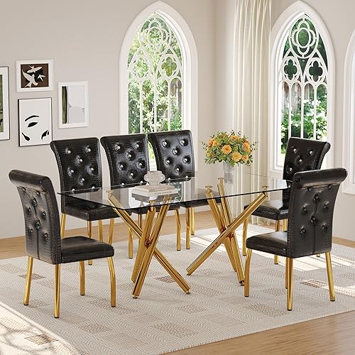 Miniatura 9 de Ebullient Moderno juego de mesa de comedor para 6, mesa de comedor de cristal de 71 pulgadas y patas de mesa de metal dorado, mesas de comedor Mesa