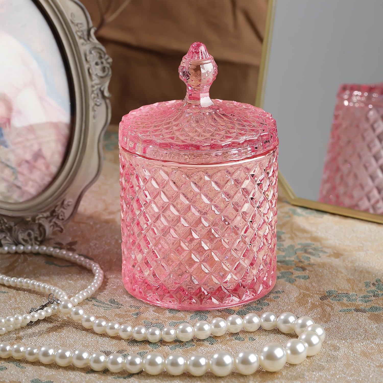 Joeyan 18 oz Light Pink Glass Jars with Lid,Embossed Candy Dishes,Diamond Faceted Jewelry Box Canisters,Decorative Glass Food Container,Colored Kitchen Storage Organizer,Gifts for Wedding Buffet