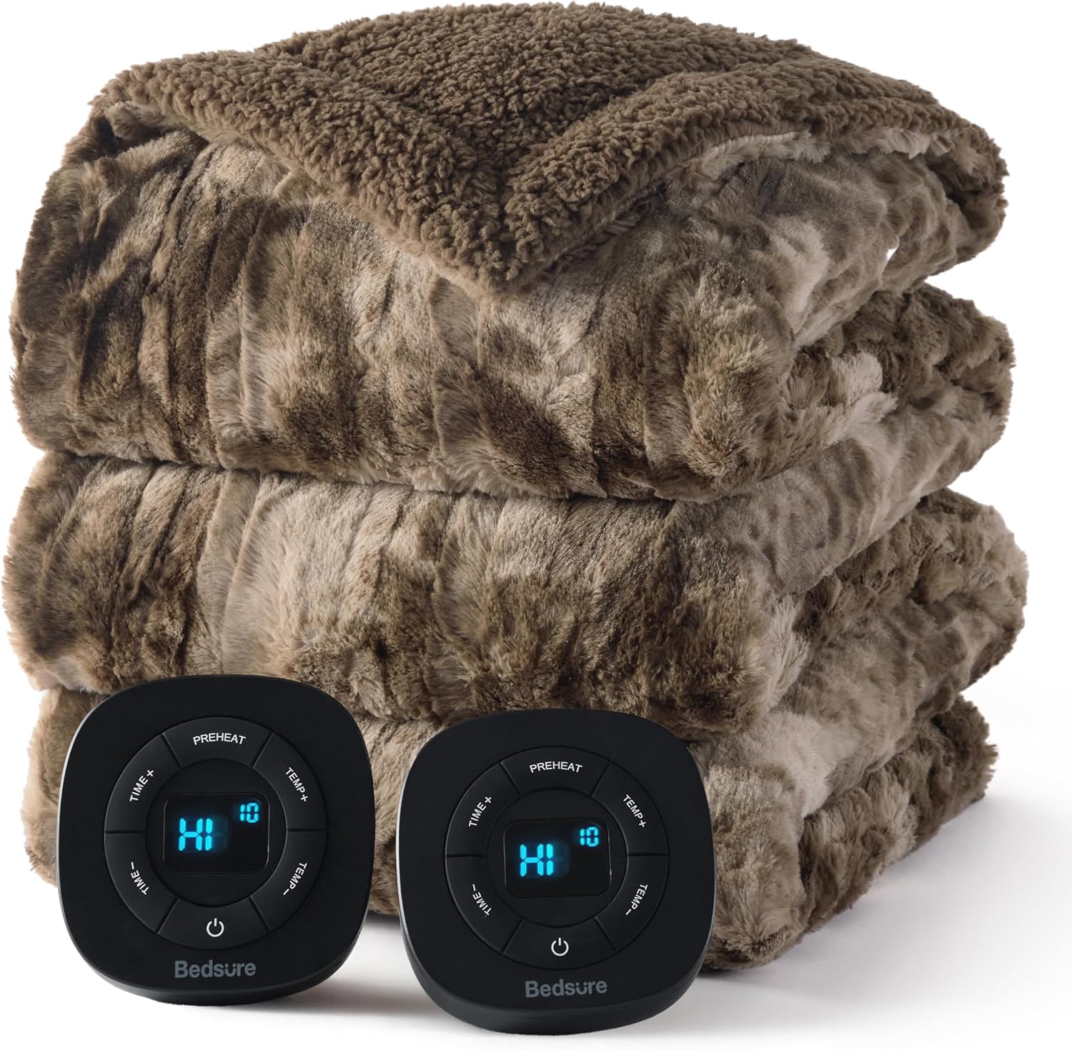 Bedsure Faux Fur Electric Blanket Queen Size, Dual Control Heated Blanket Queen, Fast Heating Blanket with 10 Heating Levels & 10 Time Settings, Cozy Gifts for Women Men (84x90 inches, Dark Chocolate) 18 - Dark Chocolate Queen