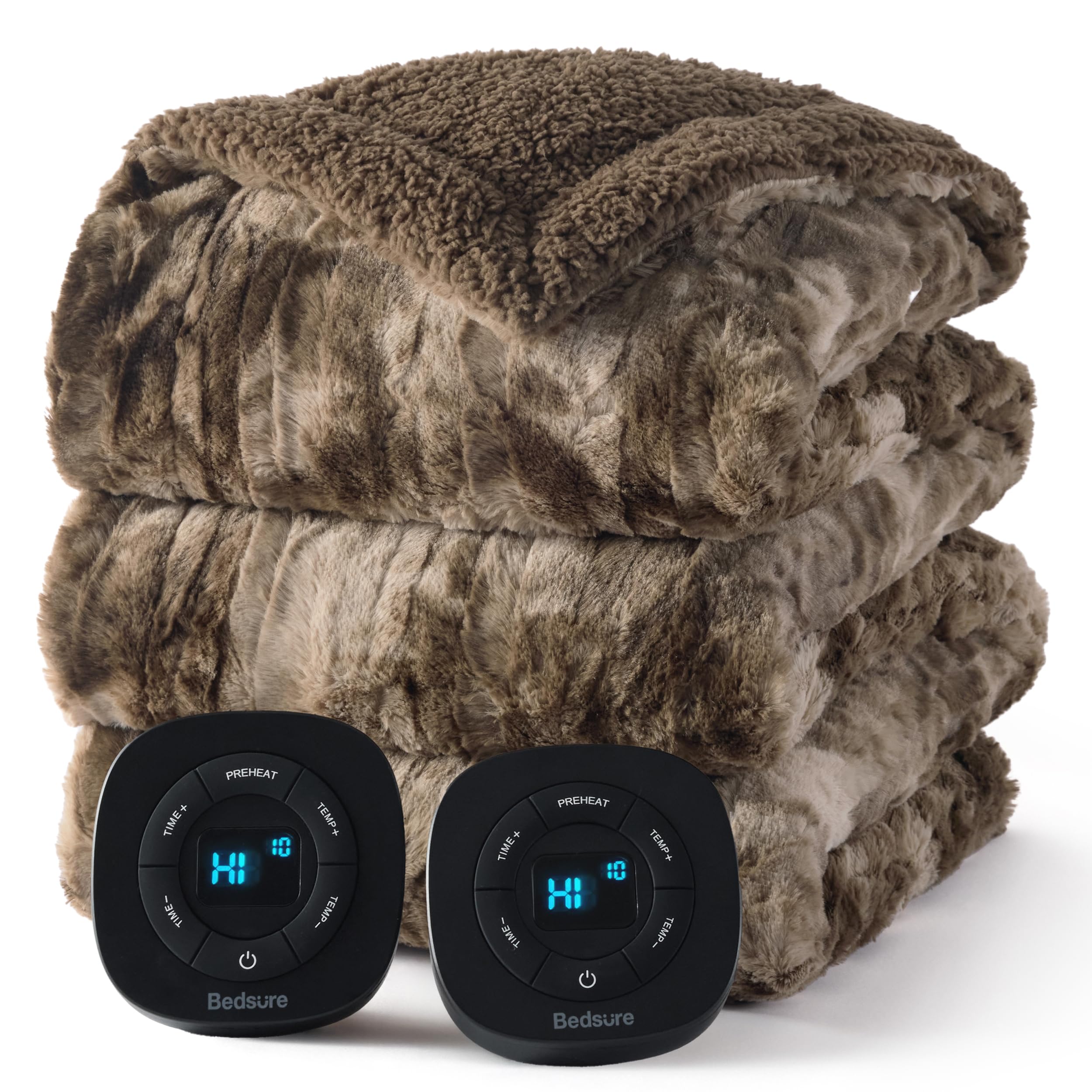 Bedsure Faux Fur Electric Blanket Queen Size, Dual Control Heated Blanket Queen, Fast Heating Blanket with 10 Heating Levels &amp; 10 Time Settings, Cozy Gifts for Women Men (84x90 inches, Brown)