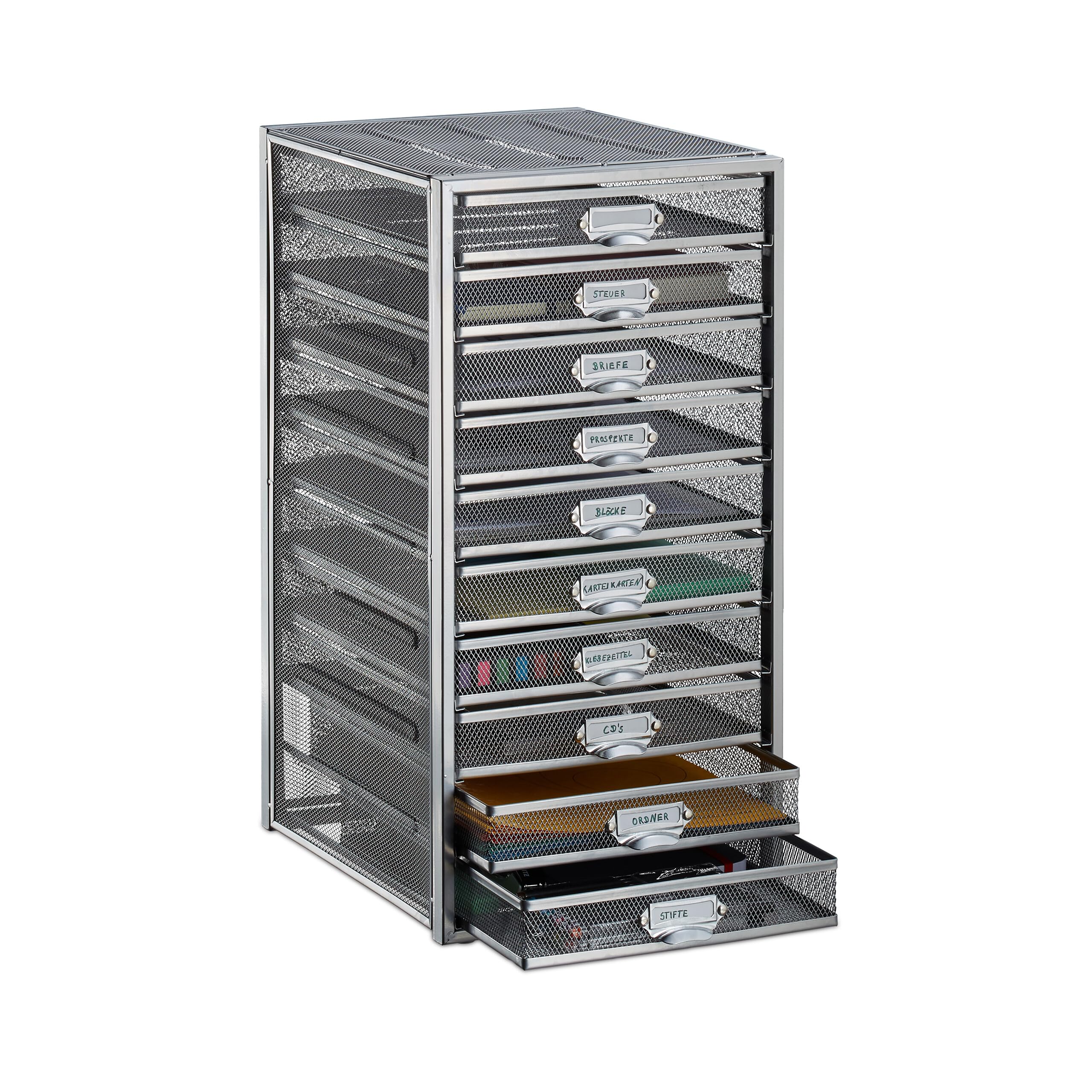 Relaxdays Cassettiera da Scrivania, 10 Cassetti, Formato DIN A4, Porta-Documenti, Box per Lettere e Corrispondenza, Argento, 55 x 27,5 x 35,5 cm