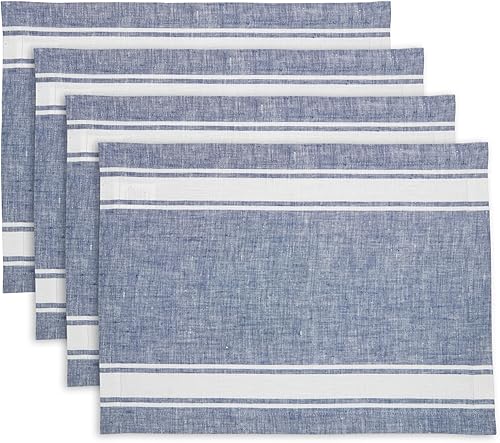 Solino Home Farmhouse - Juego de 4 manteles individuales de tela a rayas 100 % lino puro, color azul y blanco, de 14 x 19 pulgadas