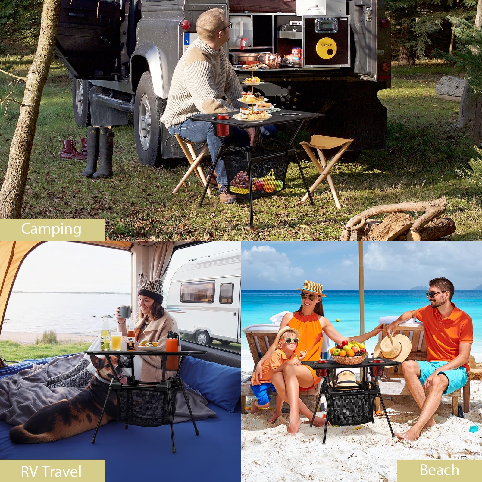 Anbte Tavolo Pieghevole Portatile per Viaggiare in Camper con Borsa di Trasporto, Piano in Tessuto, Gambe in Alluminio e Portabicchieri - Leggero per Campeggio/Esterno/Spiaggia