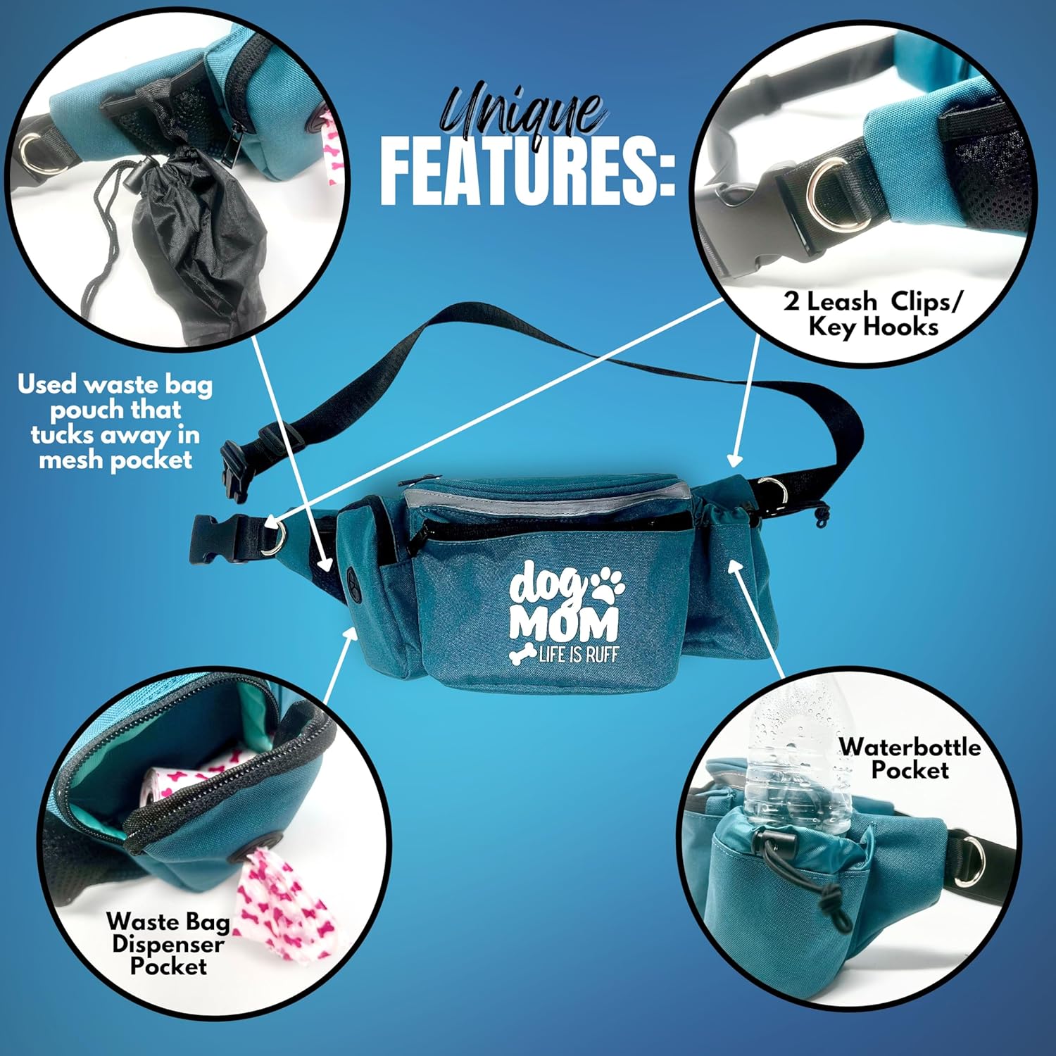 Dog Walking Fanny Pack for Women - Fun Dog Mom Gifts - Dog Walking Belt Includes Dog Poop Bag Dispenser, Hands Free Leash Hooks