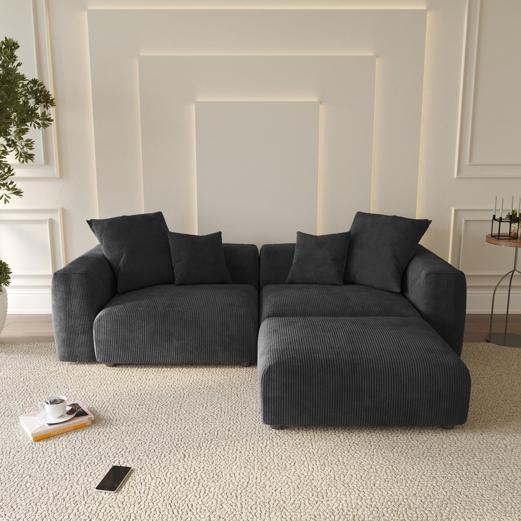 WJShome Cloud Couch Modular Sectional Sofa,102inch L Shaped Sofa with Ottoman,Black 3 Seater Corduroy Couch,Convertible Sectional Sofa for Living Room