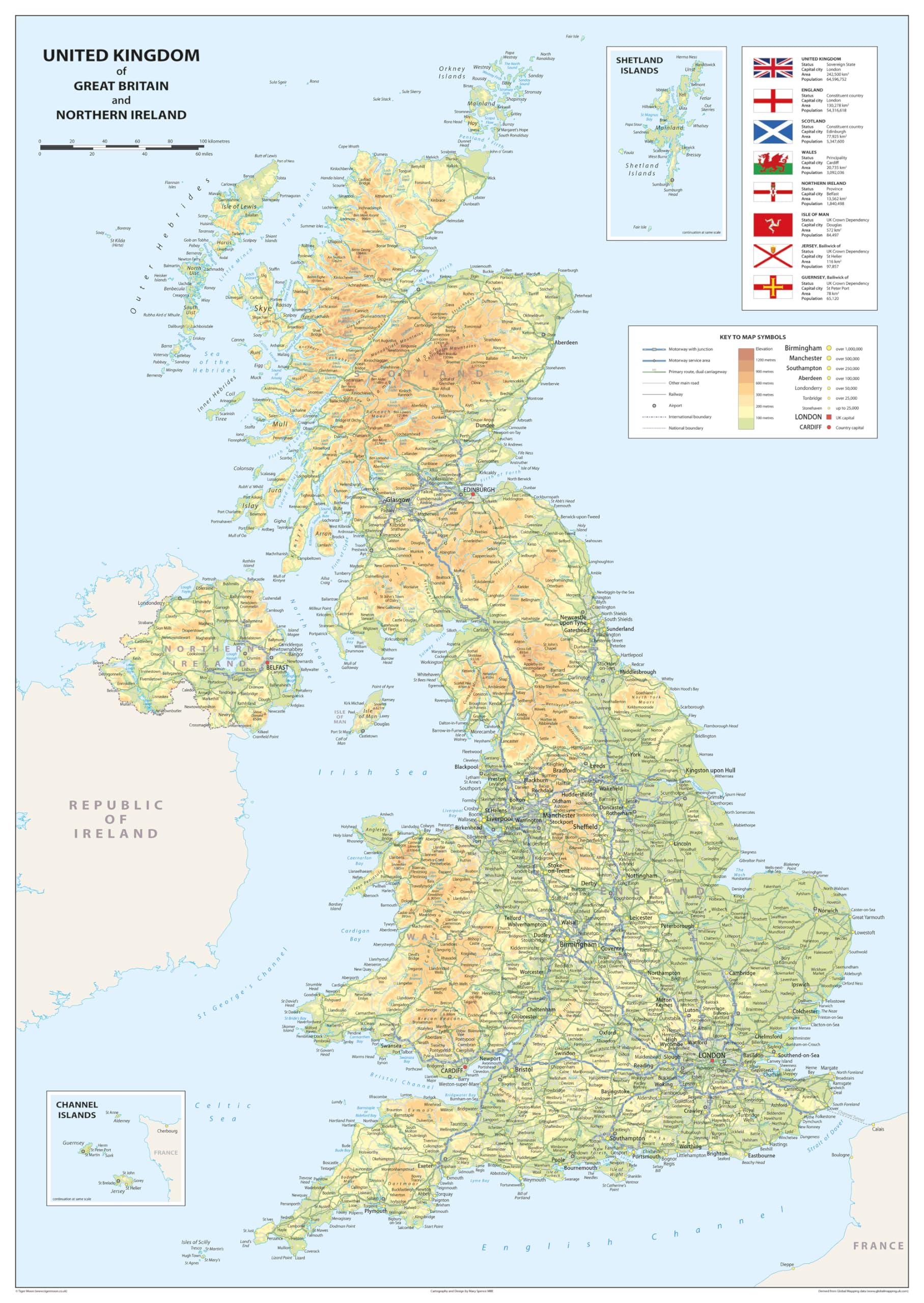 Physical Map of the United Kingdom of Great Britain and Northern Ireland - Size A0-84.1 x 118.9 cm - Paper Laminated