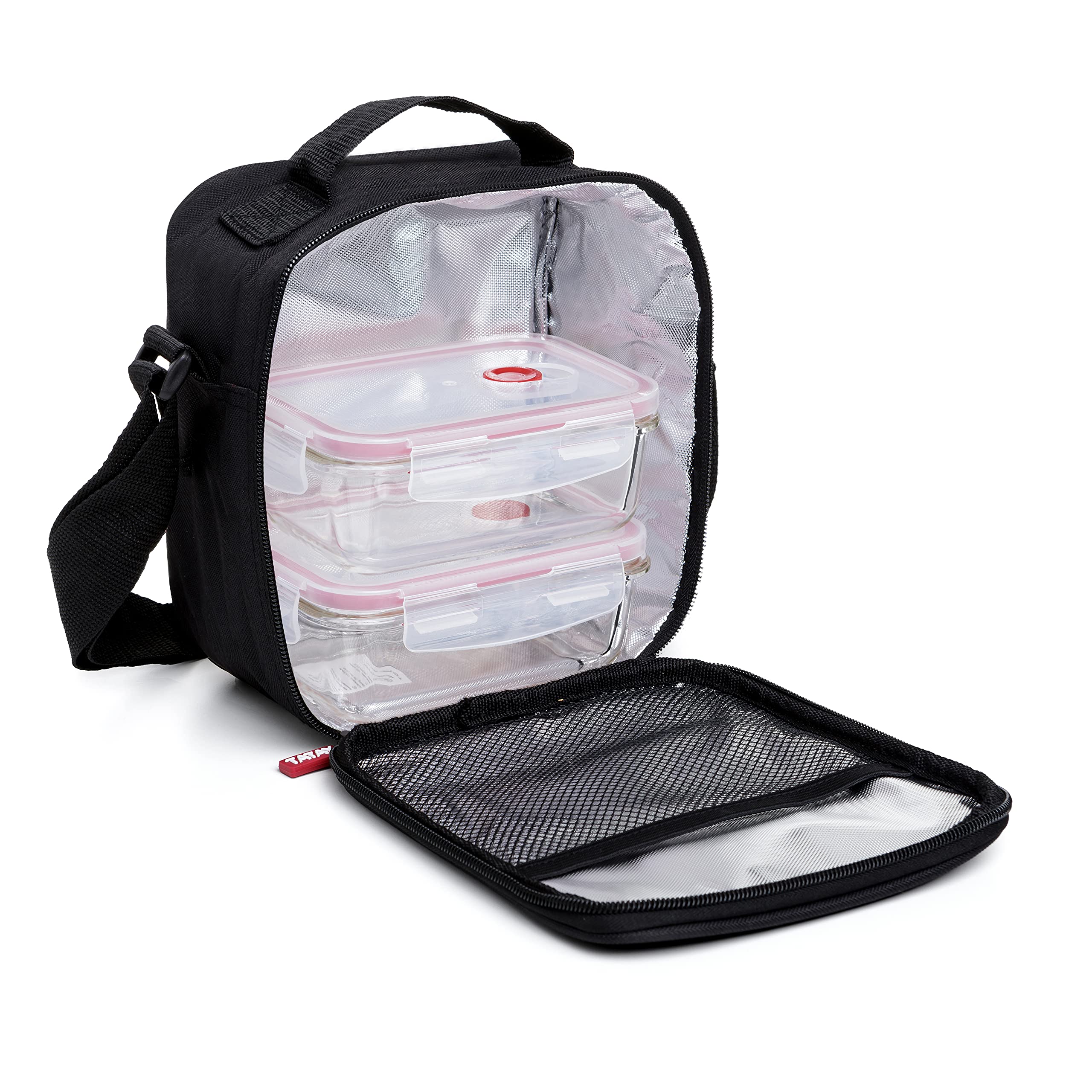 TATAY Borsa Termica Porta Pranzo Impermeabile - Urban Food Casual Glass 3,5L | 2 Contenitori in Vetro 0,57L | Triplo Strato Isolante | Corpo Semirigido | Tasca Interna | 22x12x21,5 cm, Nero