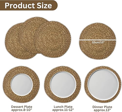 Miniatura 3 de Lightnpro - Juego de 4 manteles individuales redondos de hierba marina natural, platos cargadores redondos diseñados para decorar tus Navidad,