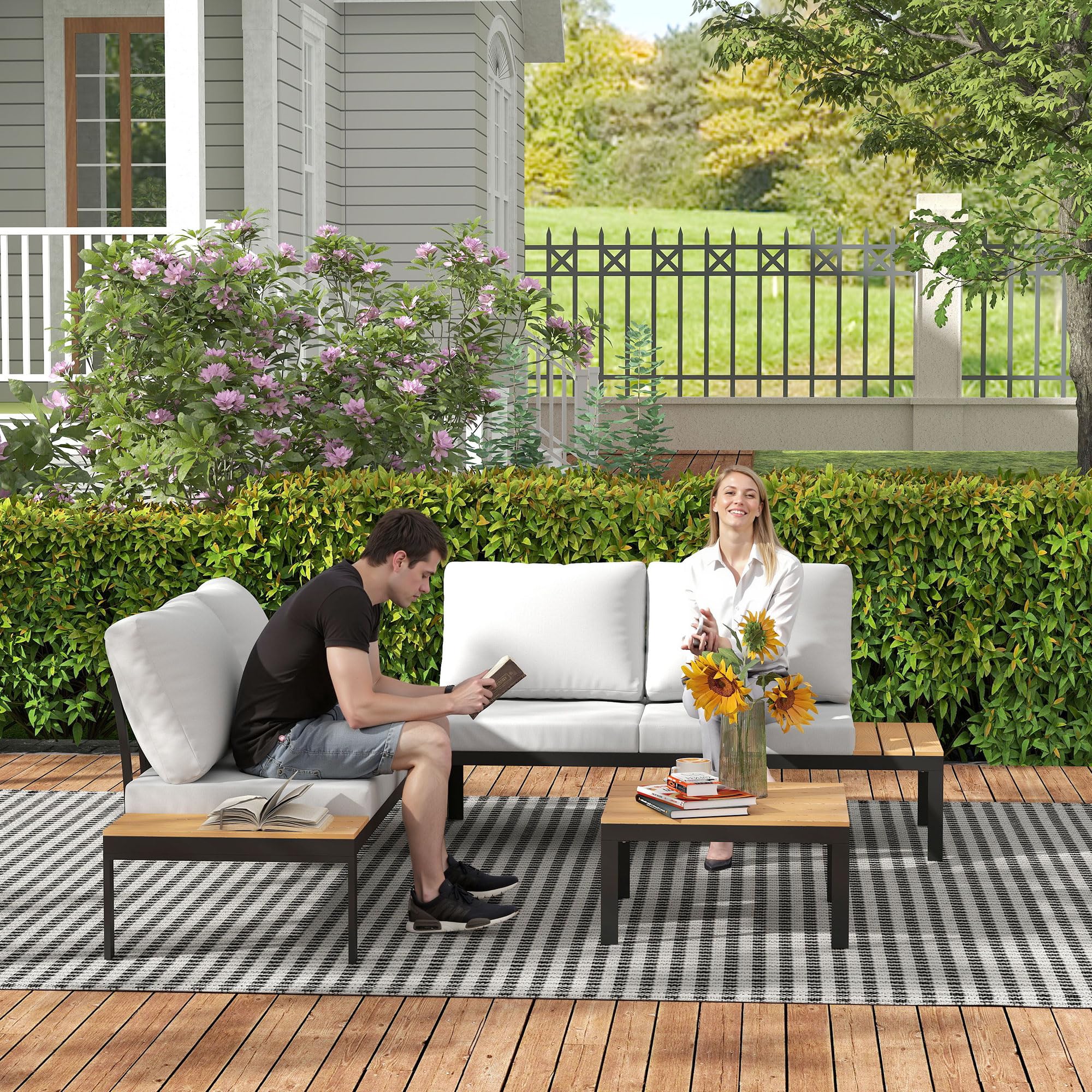 Outsunny Set Salotto da Giardino 4 Pezzi, 2 Divanetto 2 Posti, 2 Tavolini Caffè Quadrati, Legno e Cuscini Sfoderabili, Metallo e Legno Composito, Teak