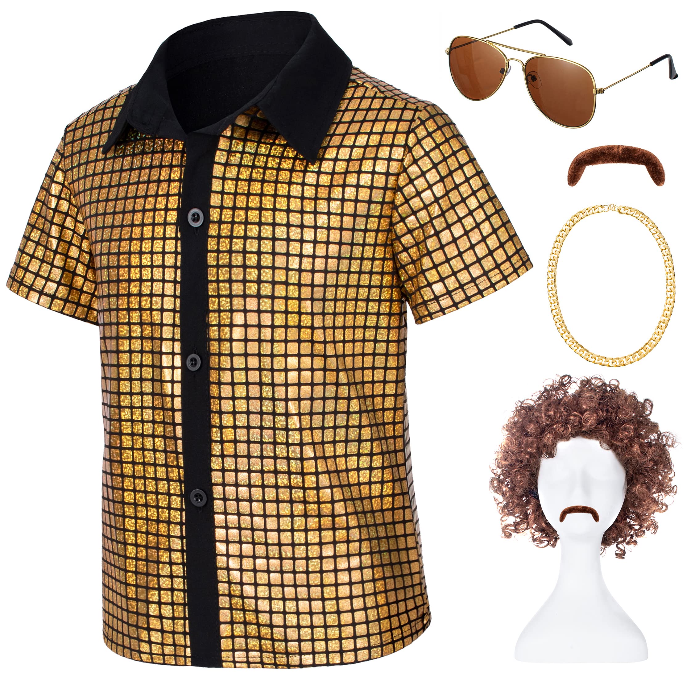 Kids 60s 70s Disco Costume Sequins Shirts for Boys Halloween Party Cosplay Gold 5-6Years