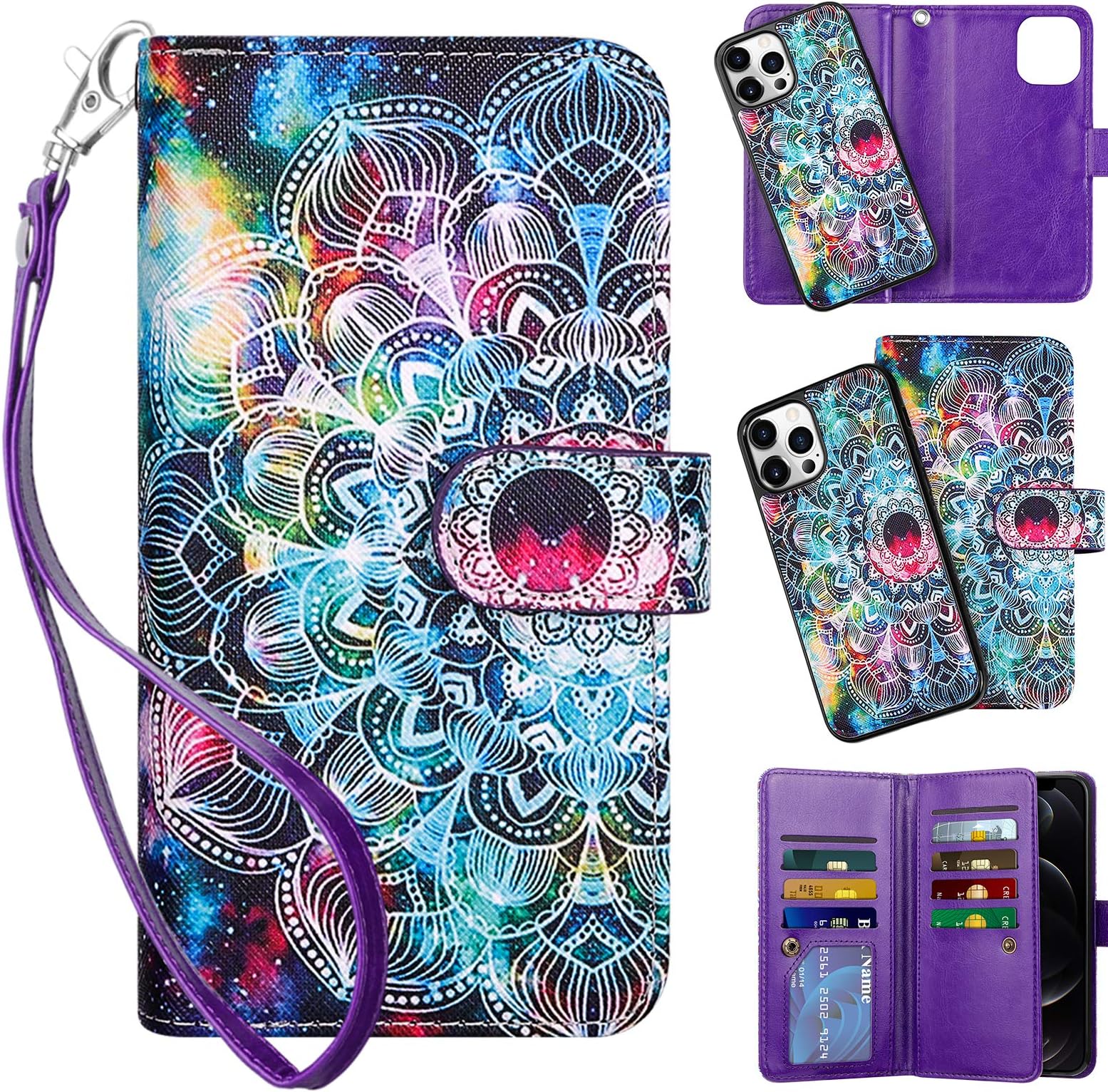 Vofolen for iPhone 12 Pro Max Case Credit Card Holder Wallet Cover 2-in-1 Slot Women Girl Detachable Strap Protective Slim Hard Shell Magnetic Leather Folio Pocket Flip Case Mandala Purple