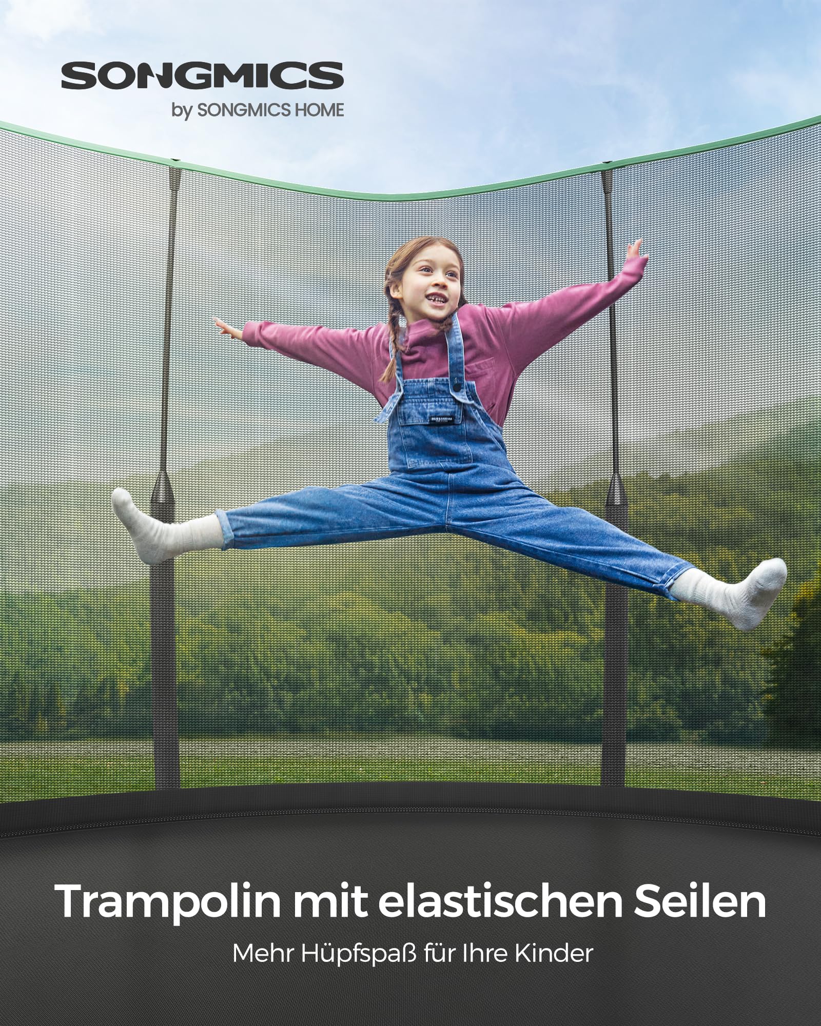 SONGMICS Federloses Trampolin Outdoor Ø 244/305/366 cm, Kindertrampolin Gartentrampolin, elastische Seile, Sicherheitsnetz mit Reißverschluss, Glasfaserstangen, sicher, geräuscharm