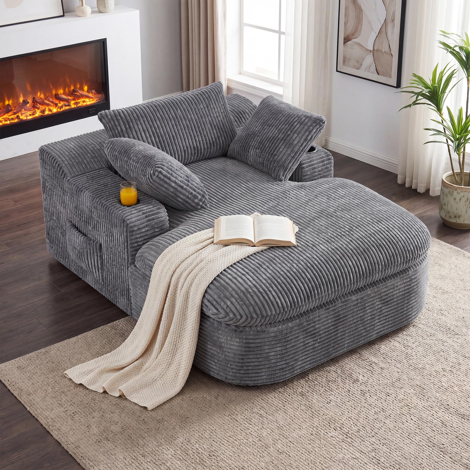 Schlafsofa mit Schlaffunktion 169cm, Sofa mit Getränkehalter, Grau | Boneless Chaiselongue Sofa Couch mit Kissen, Modernes Cordstoff Bodensofa für Wohnzimmer Schlafzimmer, Keine Montage