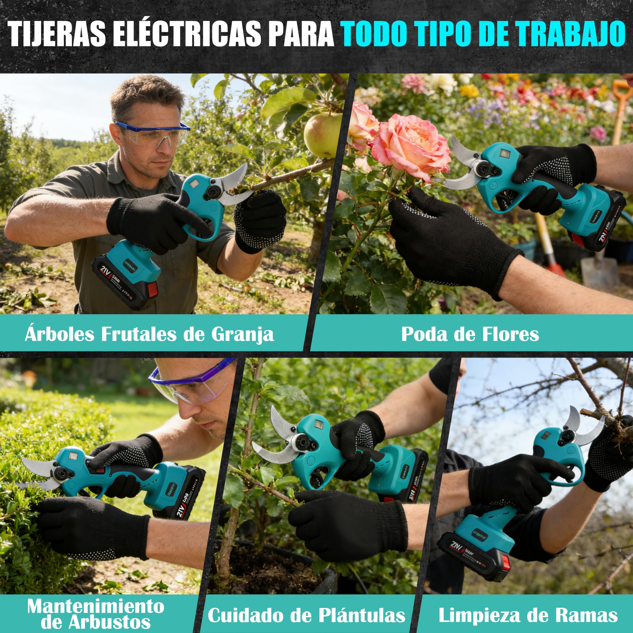 Tijeras de Podar Bateria, 60mm Tijeras de Podar Eléctricas con Motor Sin Escobillas 800W Hojas de Acero SK5 Pantalla LCD, Podadora Electrica para Huertos, Jardines y Granjas (Con Batería)