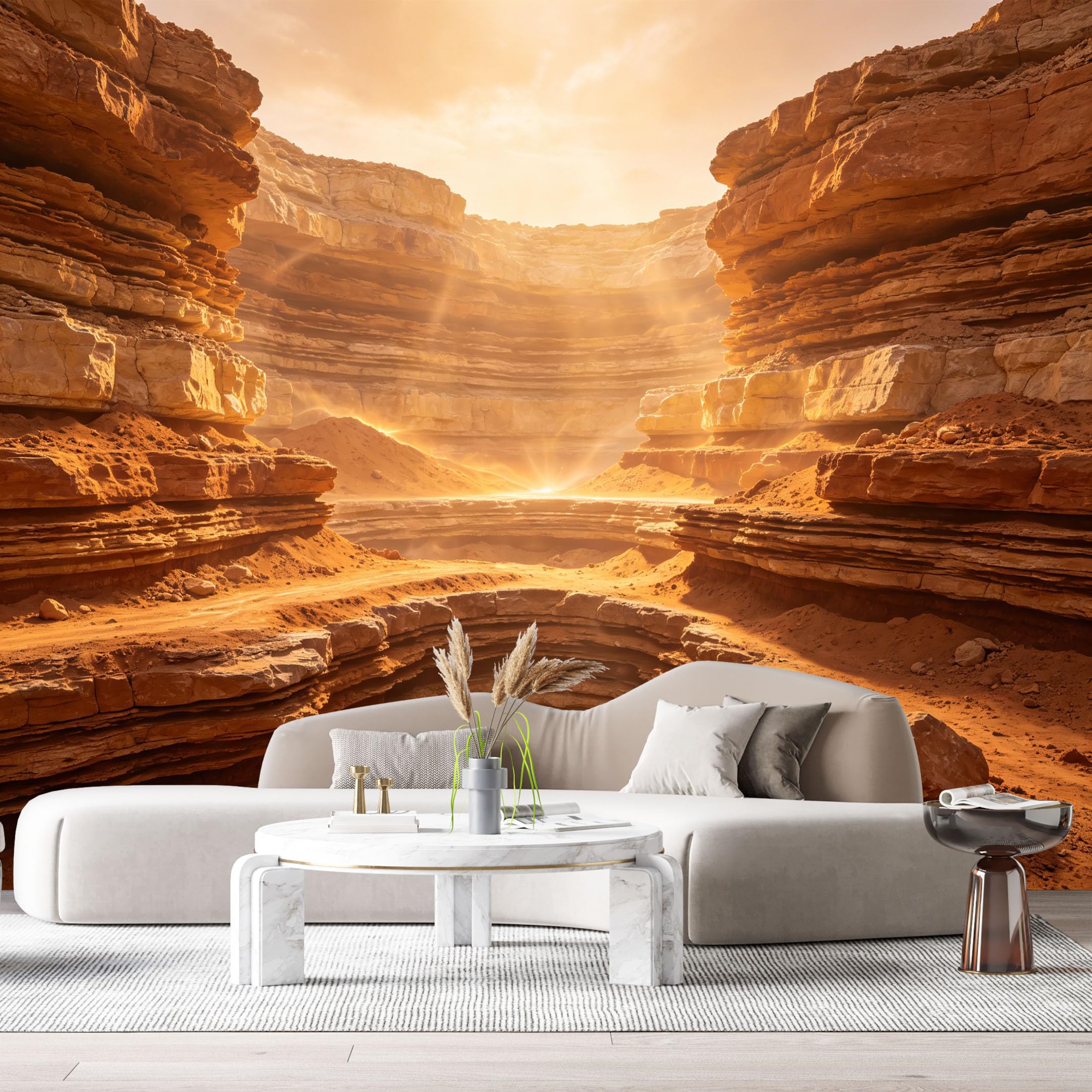 Custom Size Wall Murals Desert Canyon Landscape 3D Trompe L'Oeil Rock Formations Sun Rays SelfAdhesive Wall Fabric Removable Large Wallpaper Photo for Living Room