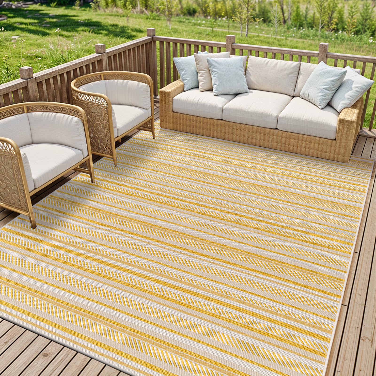 Livabliss Kavita Ibiza Indoor Outdoor Floor Covering 200x275 cm – Boho Pattern for Living Room, Dining & Kitchen, Waterproof & Stain-Resistant, Mustard & Ivory