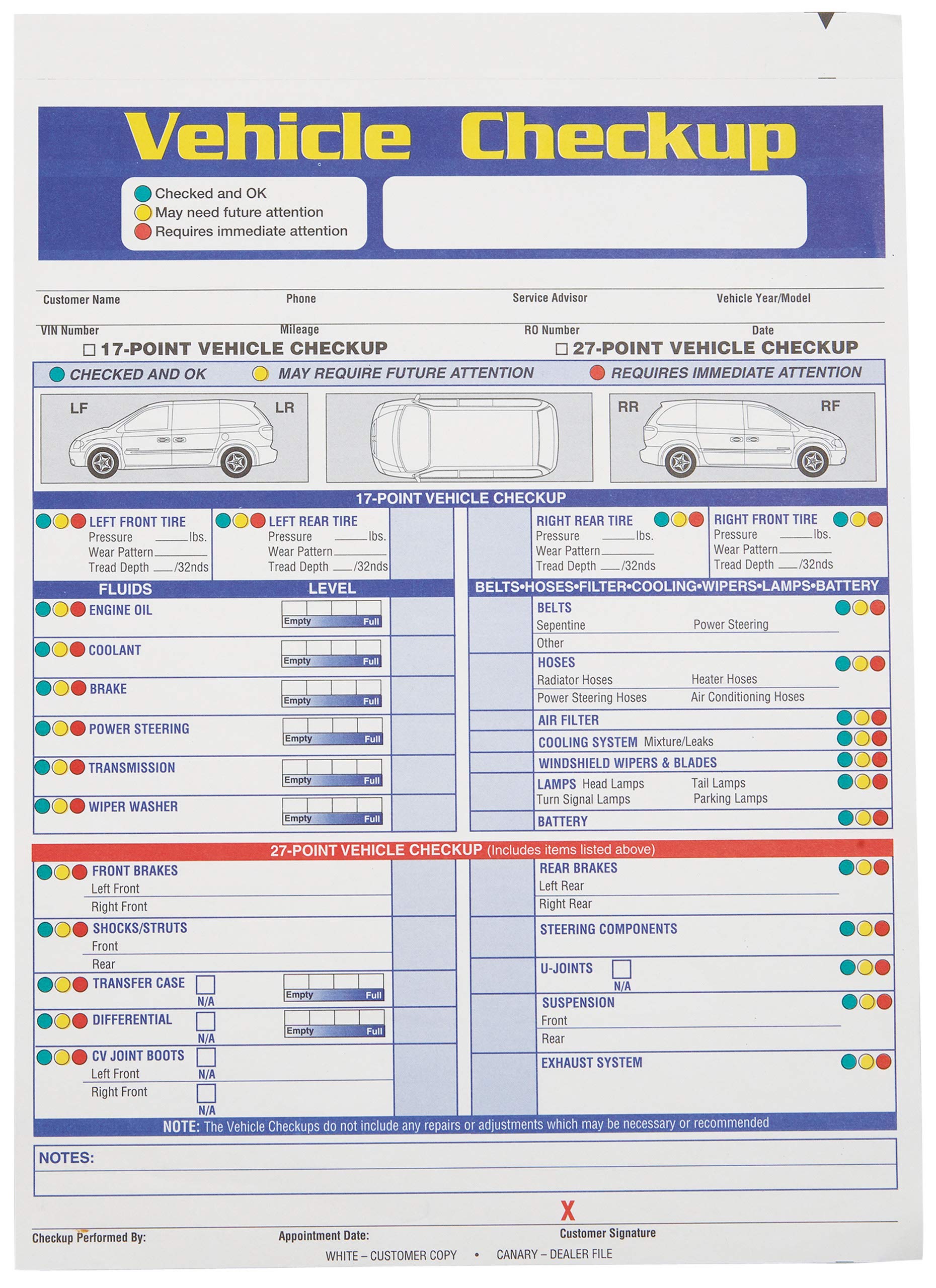 SSWBasics 17/27 Point Vehicle Inspection Form - 8 1/2ʺH x 11ʺW - Pack of 100