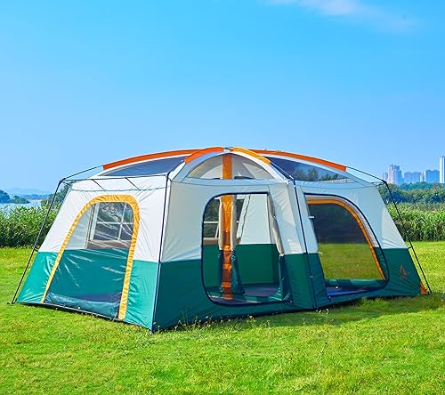 Miniatura 9 de KTT Tienda de campaña extragrande para 12-14 personas, tiendas de campaña familiares, 2 habitaciones, pared recta, 2 puertas, 4 ventanas con malla,