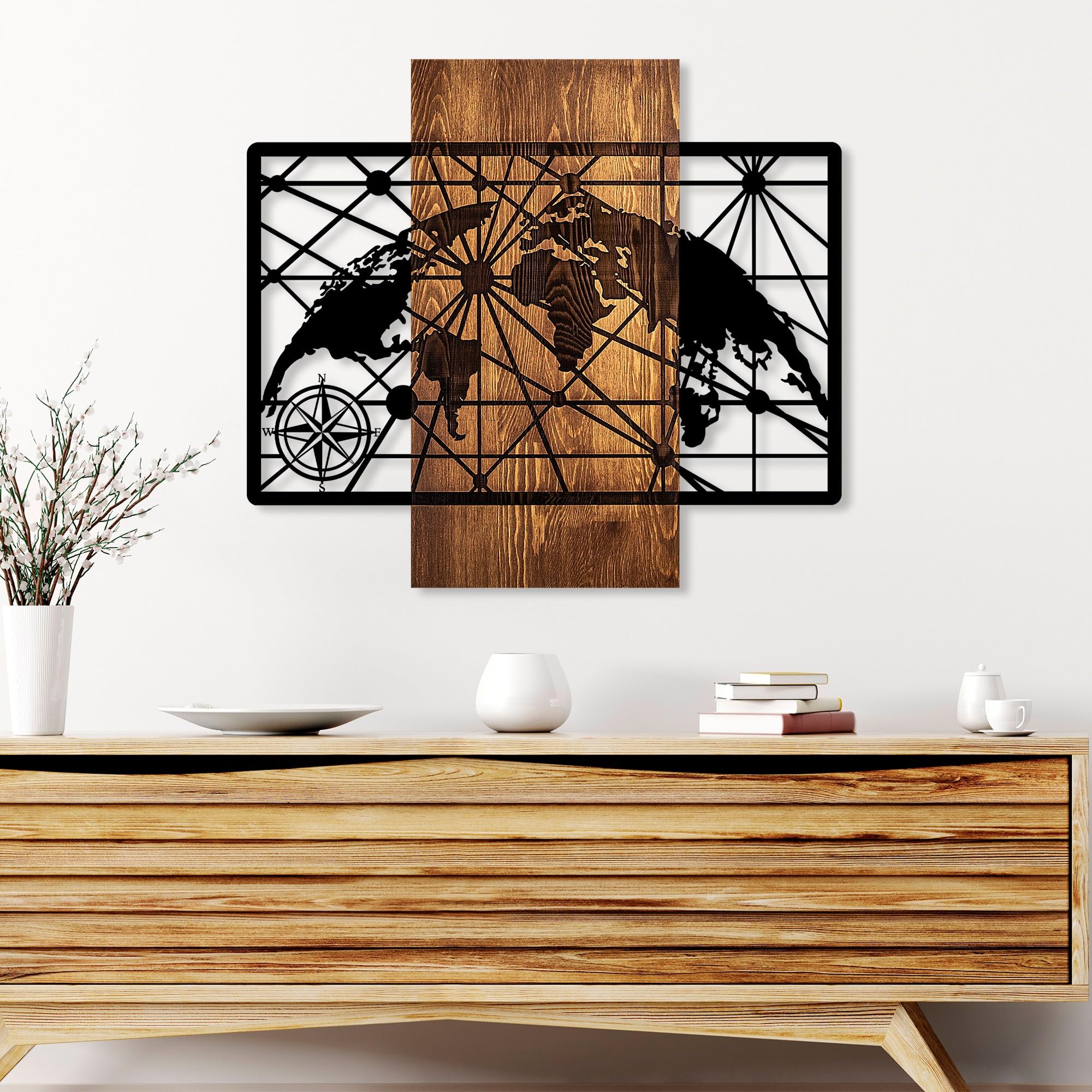 Elegant Decorative Wooden Wall Accessory, 57 x 64 cm, 100% Real Wood (3 cm) & Metal (1.5 mm), Unique Walnut & Black Finish, Perfect for Home Decor