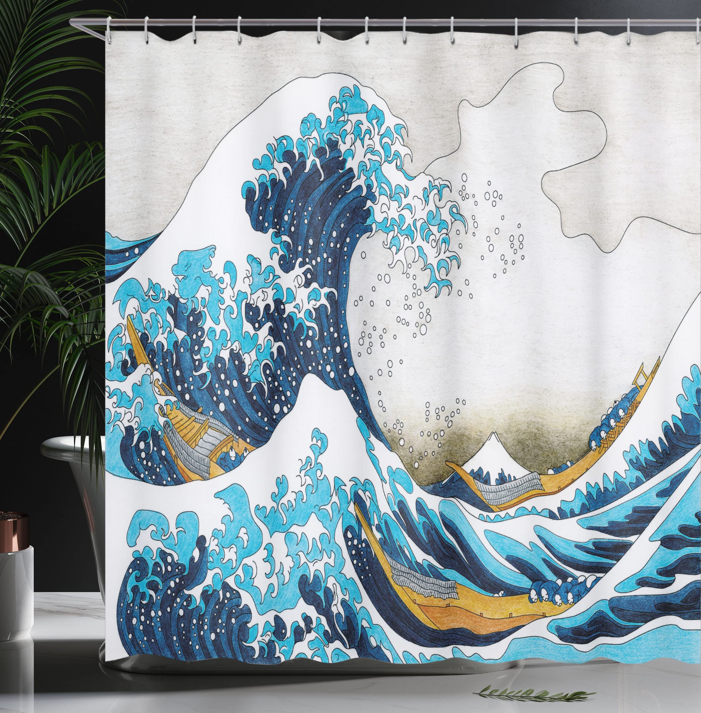 Rideau De Douche Vague Japonaise 180x180cm - Polyester Imperméable - Anti-moisissure - Avec Crochets