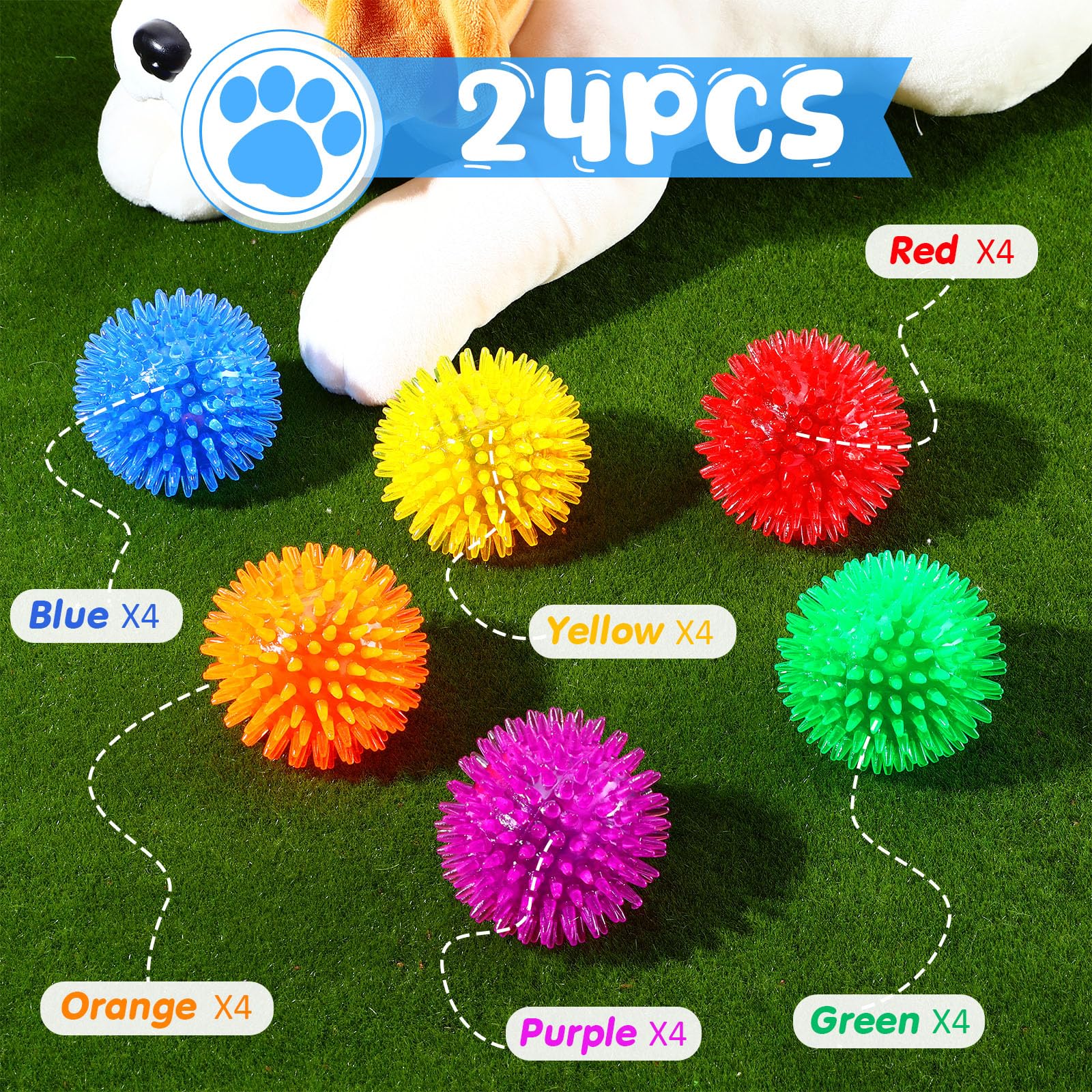 Yunsailing Lot de 24 jouets couineurs pour chien de 6,5 cm - Balles à picots à mâcher pour chiens de petite et moyenne taille - Pour nettoyer les dents et l'entraînement (bleu, vert, orange, violet