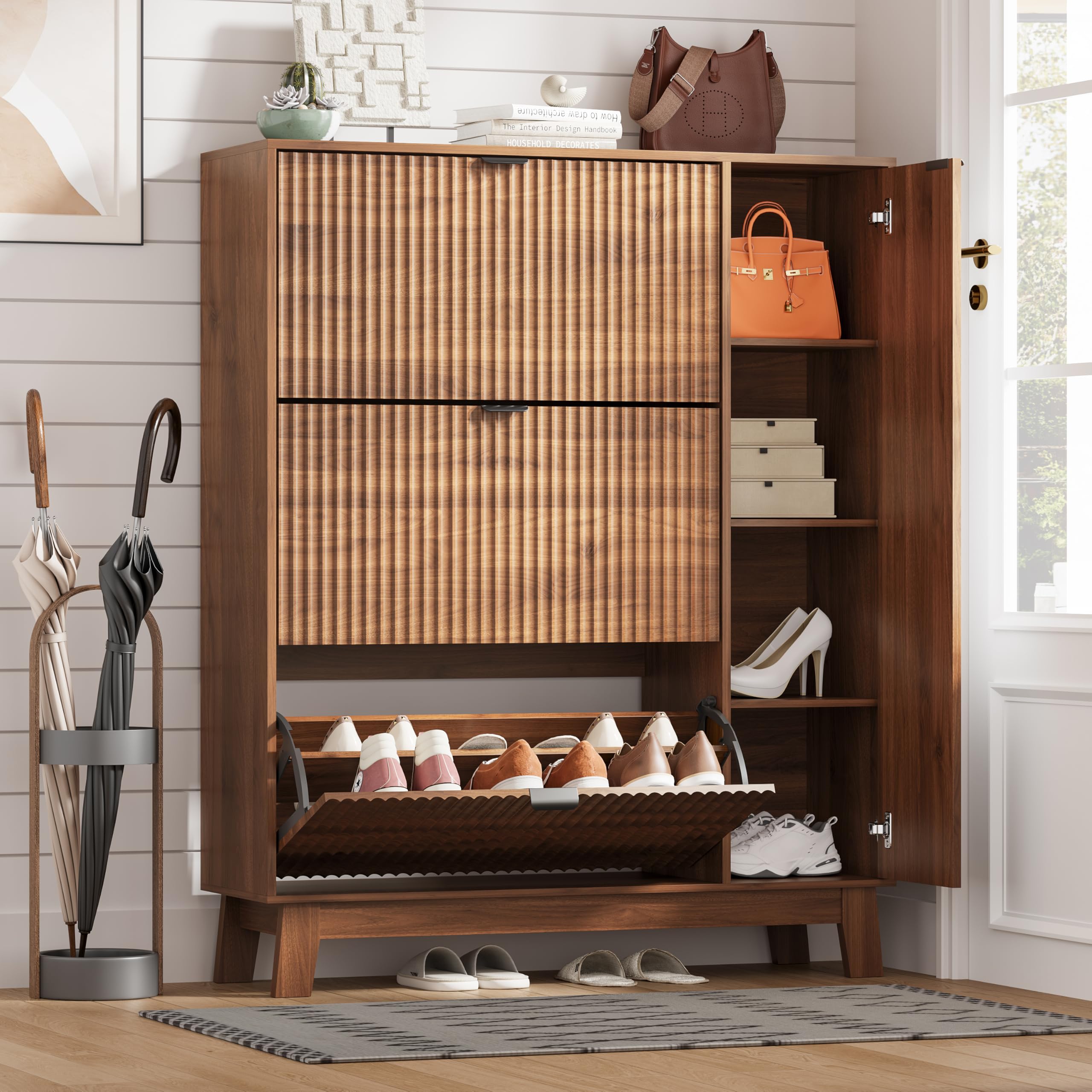 Shoe Cabinet Storage for Entryway with 3 Drawers &amp; Side Cabinet, Walnut