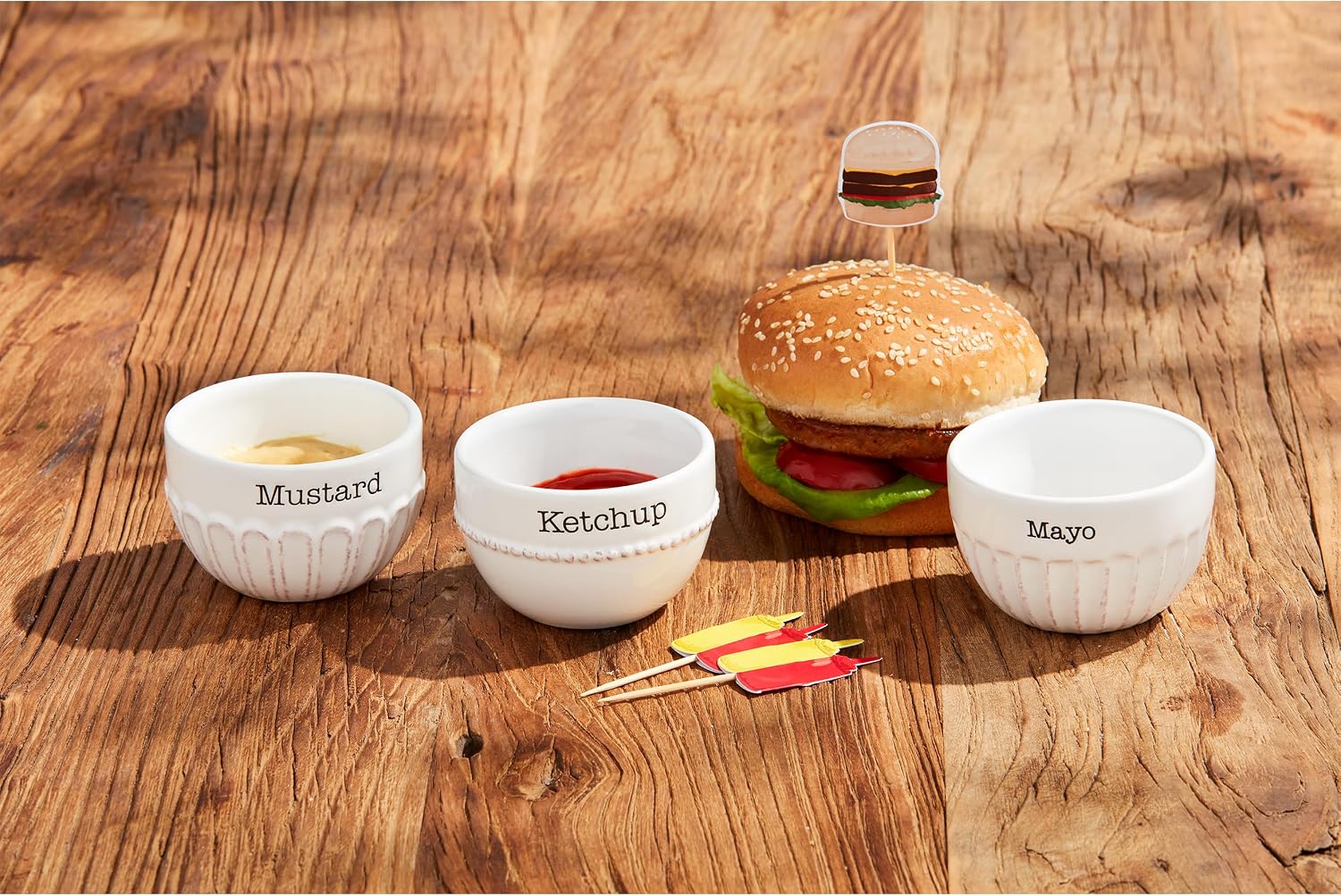 Mud Pie Circa Condiment Set, dip 2" x 3" dia | toothpick 3 1/2", WHITE