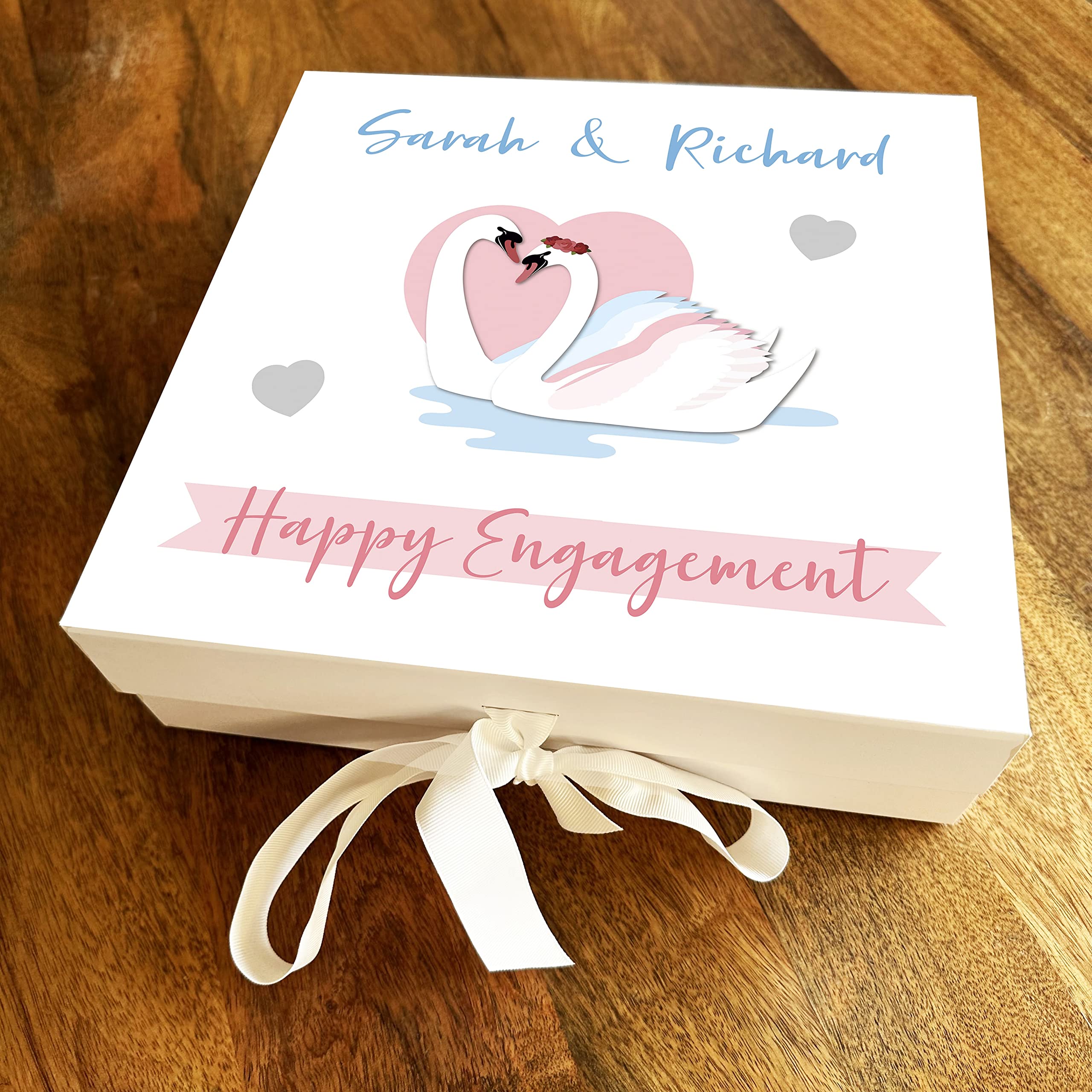 Fingerprint Designs Swans Couple Animal Personalised Square Engagement Keepsake Hamper Gift Box - Special Engagement Treat Hamper Personalised Gift Box