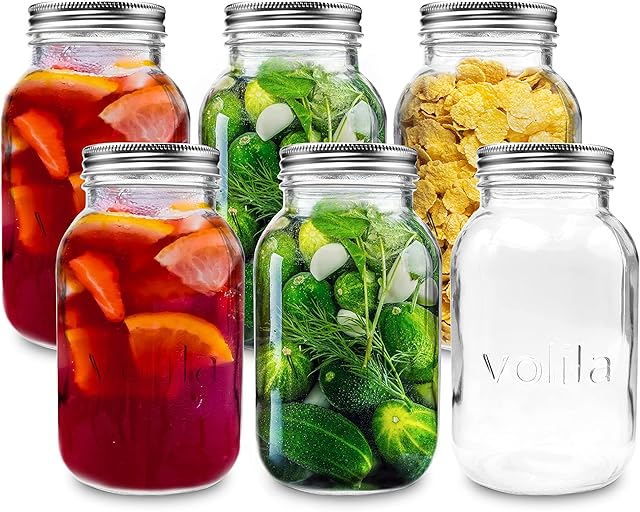 volila Glass Mason Jar (1000ml) Preserving Jar 1L for Overnight Oats, Pickling and Jam Making (6 Pack)