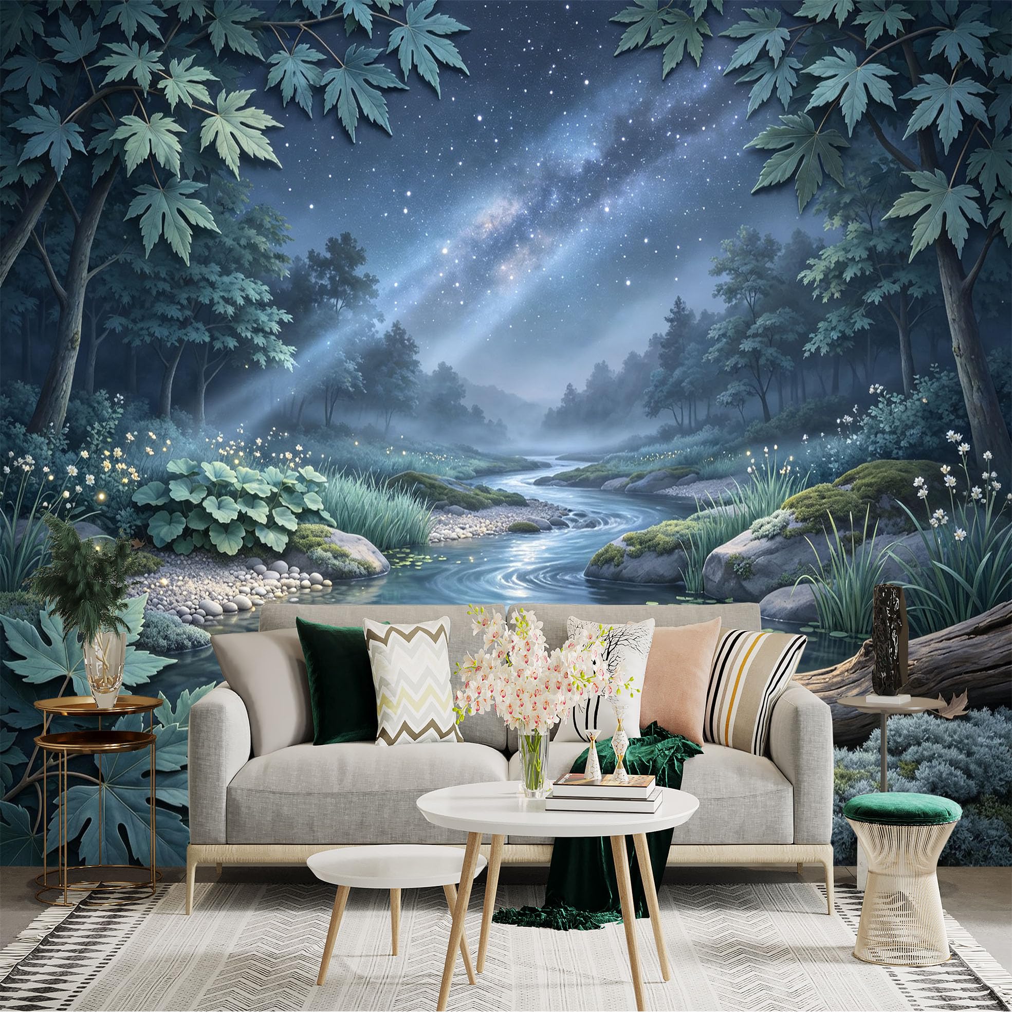 Lnzczhyre Bh260719399 Custom Size Wall Sticker Mural， Milky Way Night Sky， Tranquil Forest Stream， Bioluminescent Flora， Serene Nature Scenery， For Wall Decoration， Peelandstick Wall Decals.
