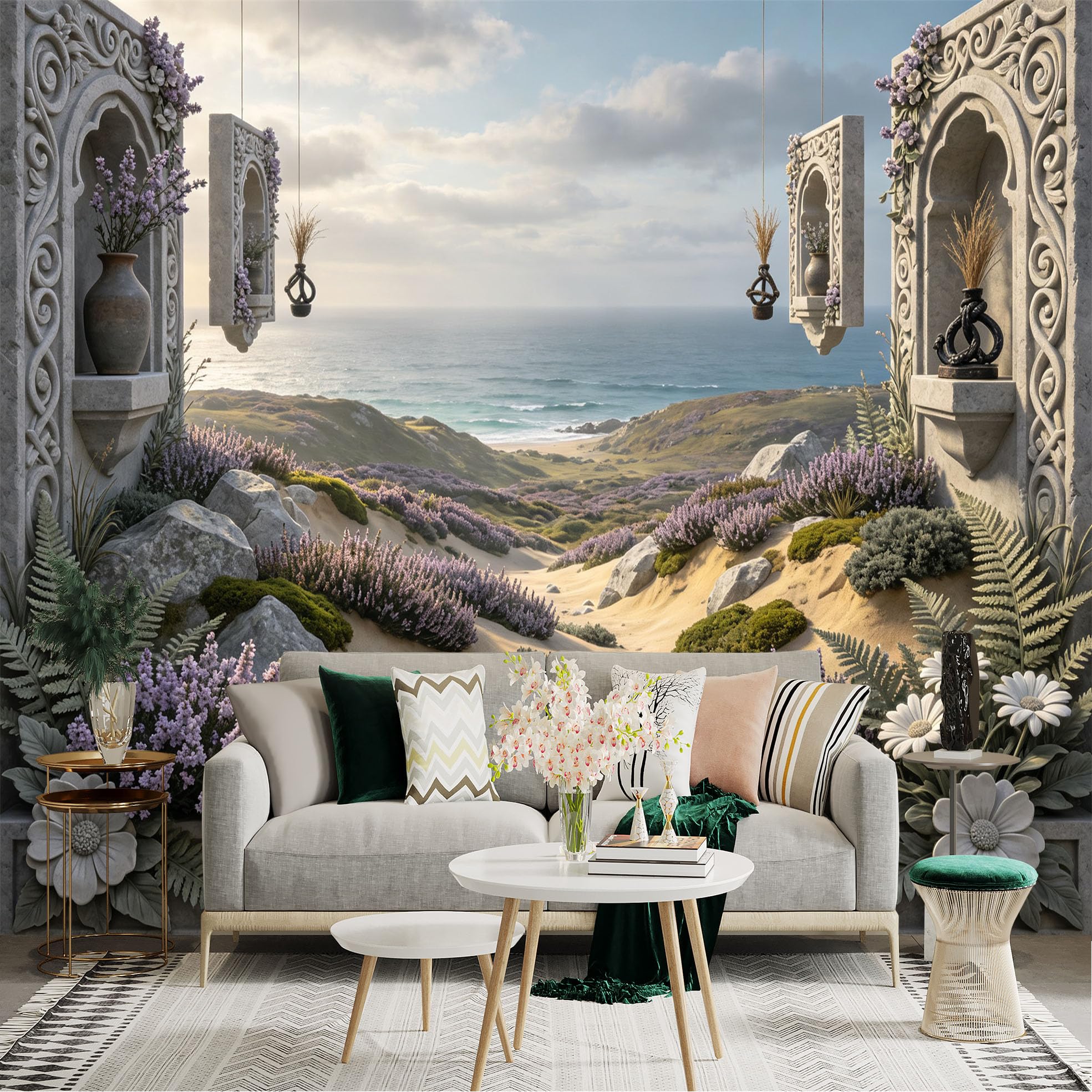 Lnzczhyre Bh260719135 Custom Size Wall Sticker Mural， Coastal Mediterranean Landscape， Stone Archway With Flower Vases， Wild Purple Heather， Scenic Ocean View， For Wall Decoration， Peelandstick Wall Decals.
