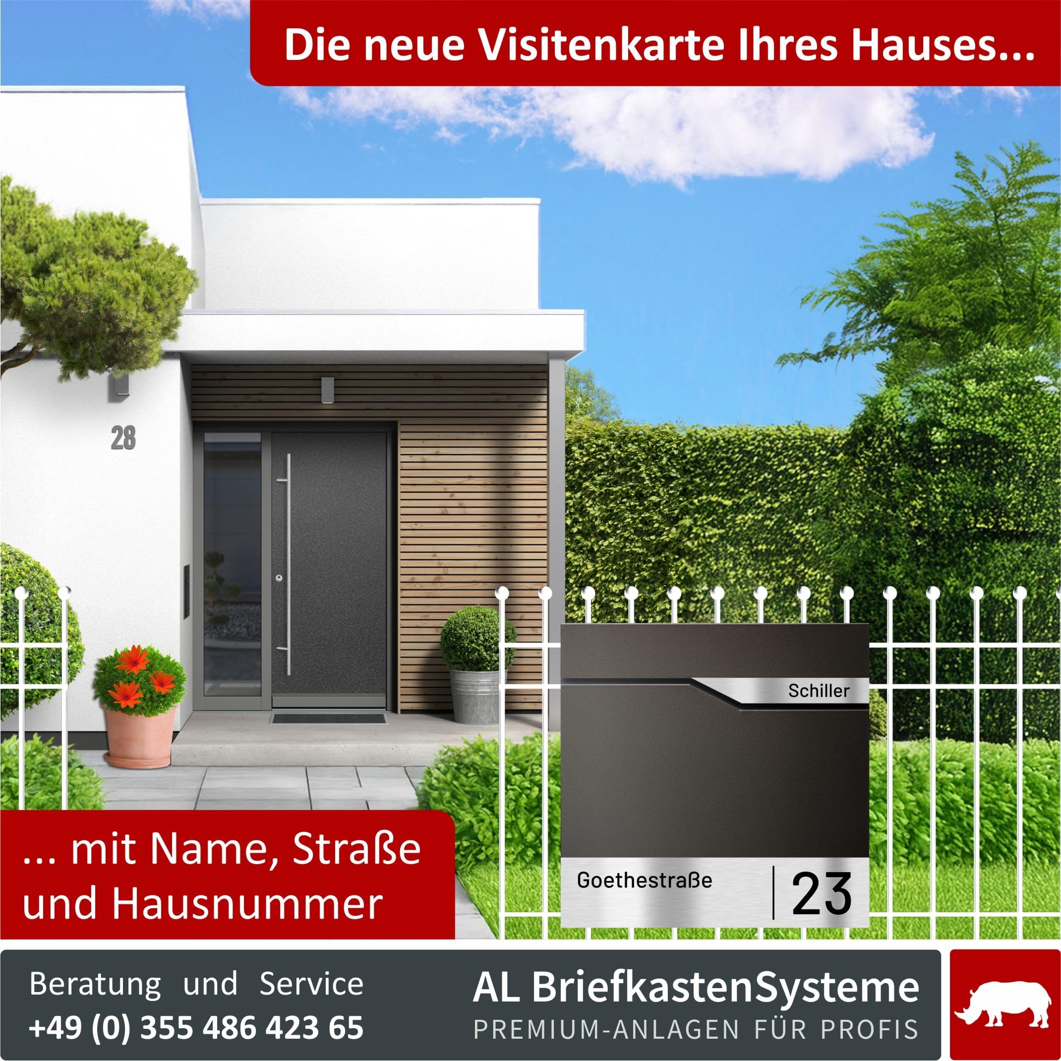 AL Briefkastensysteme Laser-Line 1er Briefkasten personalisiert mit Namen + Hausnummer - Postkasten Anthrazit RAL 7016 modern mit Zeitungsfach Gravur & Absenkautomatik für Wand- & Zaunbriefkasten