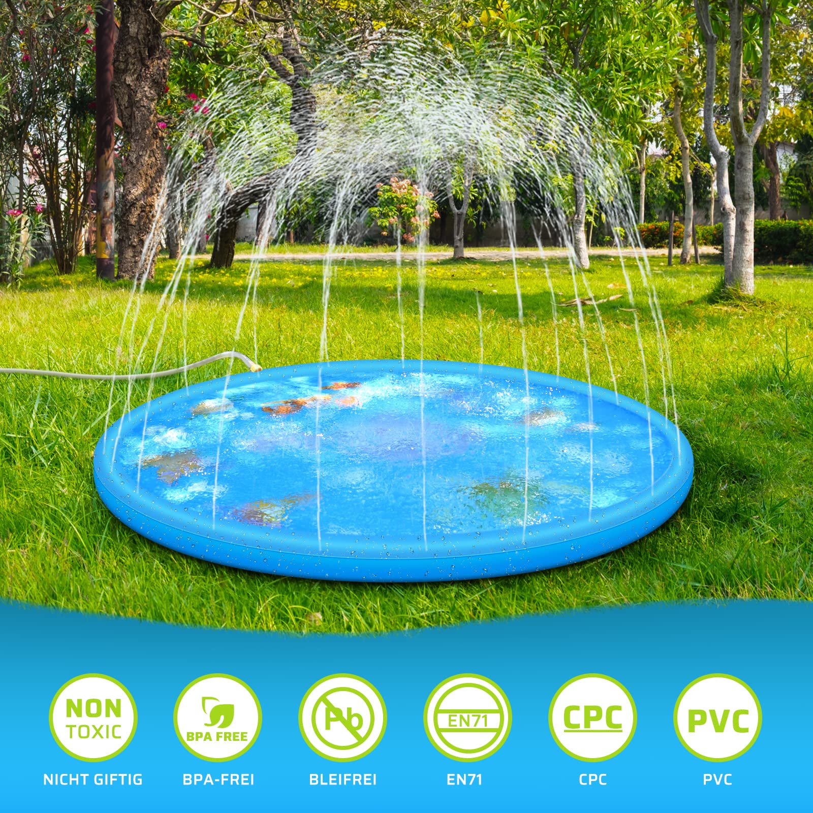 Anpro 170CM Splash Pad, Sprinkler Wasser-Spielmatte Splash Play Matte mit 15 Anti-Rutsch-Streifen, Sommer Garten Wasserspielzeug für Baby, Kinder, Hund und Haustiere