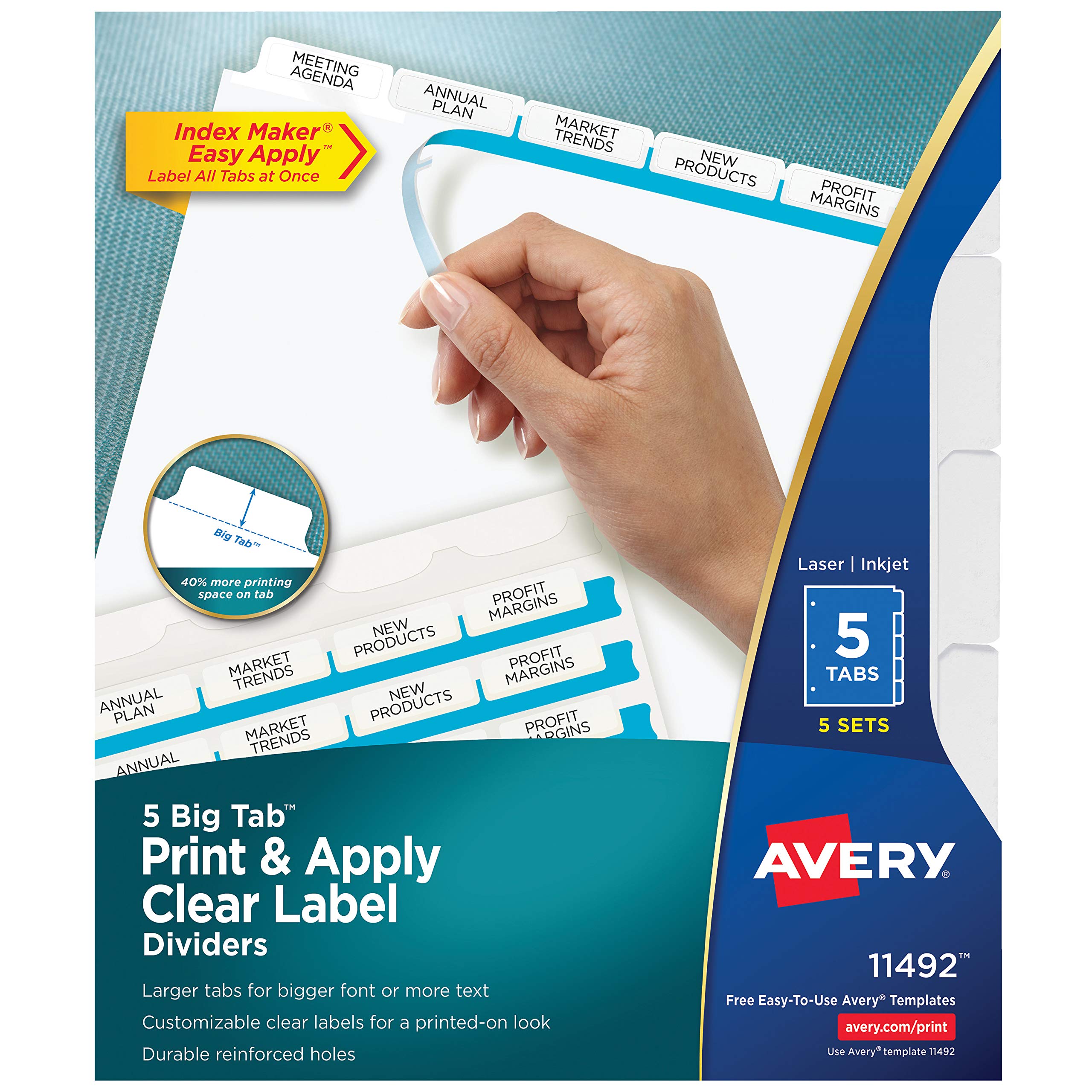 Avery Big Tab Index Maker Clear Label Dividers, White, 5-Tabs, 5 Sets (11492)