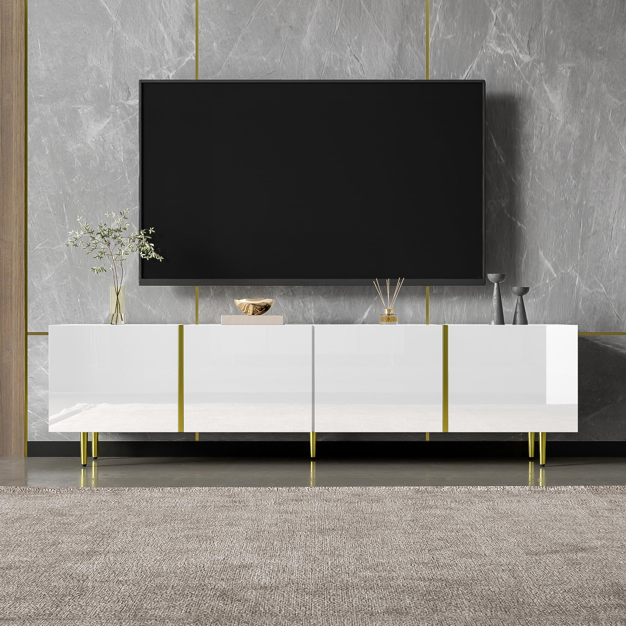 Jasny telewizor Meuble 4 Portes lowboard do salonu Salle à Manger Chambre à Coucher meuble Bas TV Avec Espace de Rangement Meuble TV Table Blanc 170x35x46cm