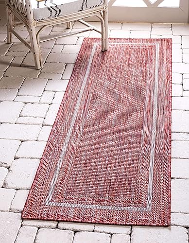 Unique Loom - Colección Outdoor Border - Tapete para exteriores de borde suave - 2pies x 8pies, para pasillo, rojo óxidomarfil