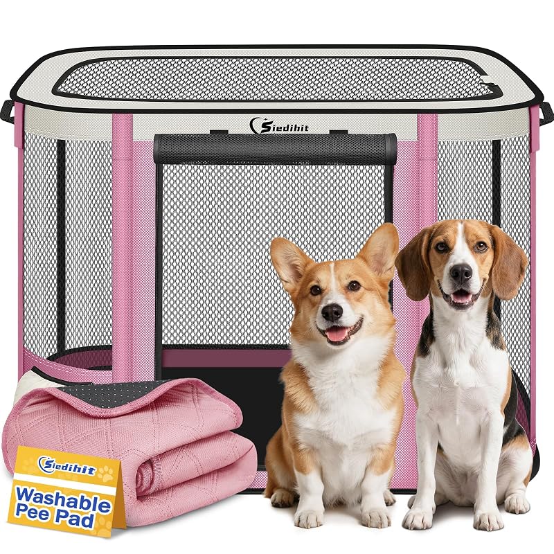 Cercado portátil para cães Siedihit de poliéster com tapete higiênico lavável, Pink com Pad, 91,44 x 71,12 x 60,96 cm