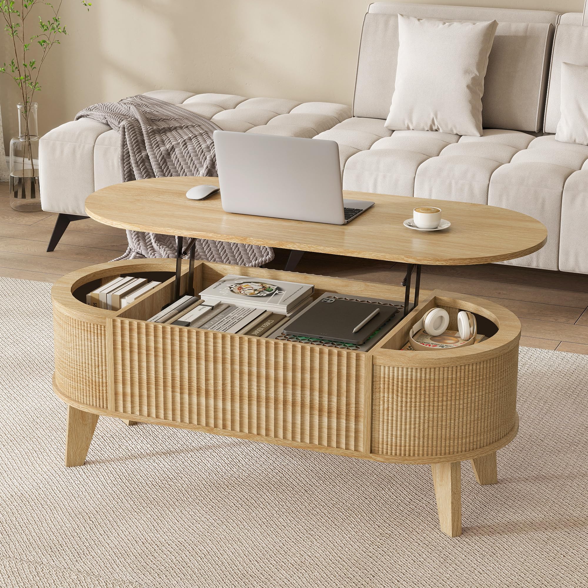 Photo 1 of LYNCOHOME 43.3" Fluted Lift Top Coffee Table for Living Room, Oval, Oak
