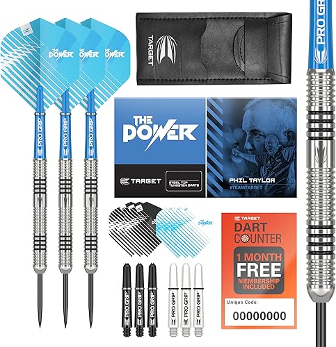 Target Darts Phil Taylor Tungsten Steel Tip Darts Set - 9 Pro Grip Shafts - 9 Pro Ultra Flights Dart Wallet - Dart Counter App Coupon Bundle Target Darts Phil Taylor Tungsten Steel Tip Darts Set - 9 Pro Grip Shafts - 9 Pro Ultra Flights Dart Wallet - Dart Counter App Coupon Bundle