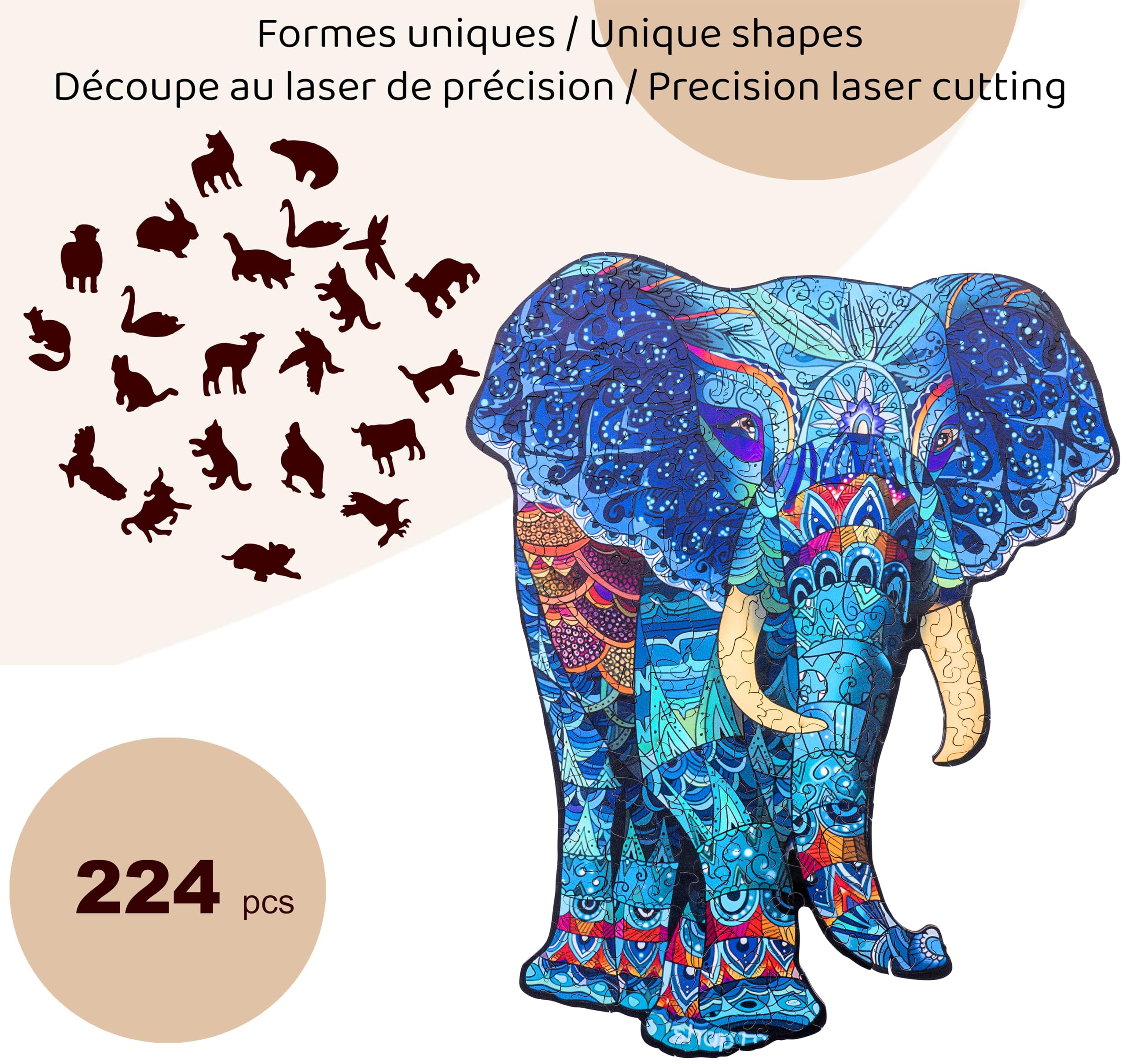 Engelhart - 602240 - Rompecabezas de Madera Animales: Elefante A3 - Forma de Madera Única de 224 Piezas - para Adultos - Caja de Regalo - A Partir de 12 años - 29.7 x 42 cm