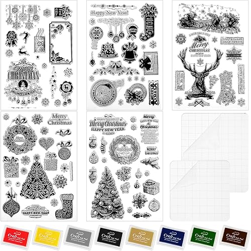 Juego de 15 herramientas de bloque de sellos acrílicos de Navidad, incluye 5 bloques de sellado de silicona transparente de Navidad, 2 bloques de