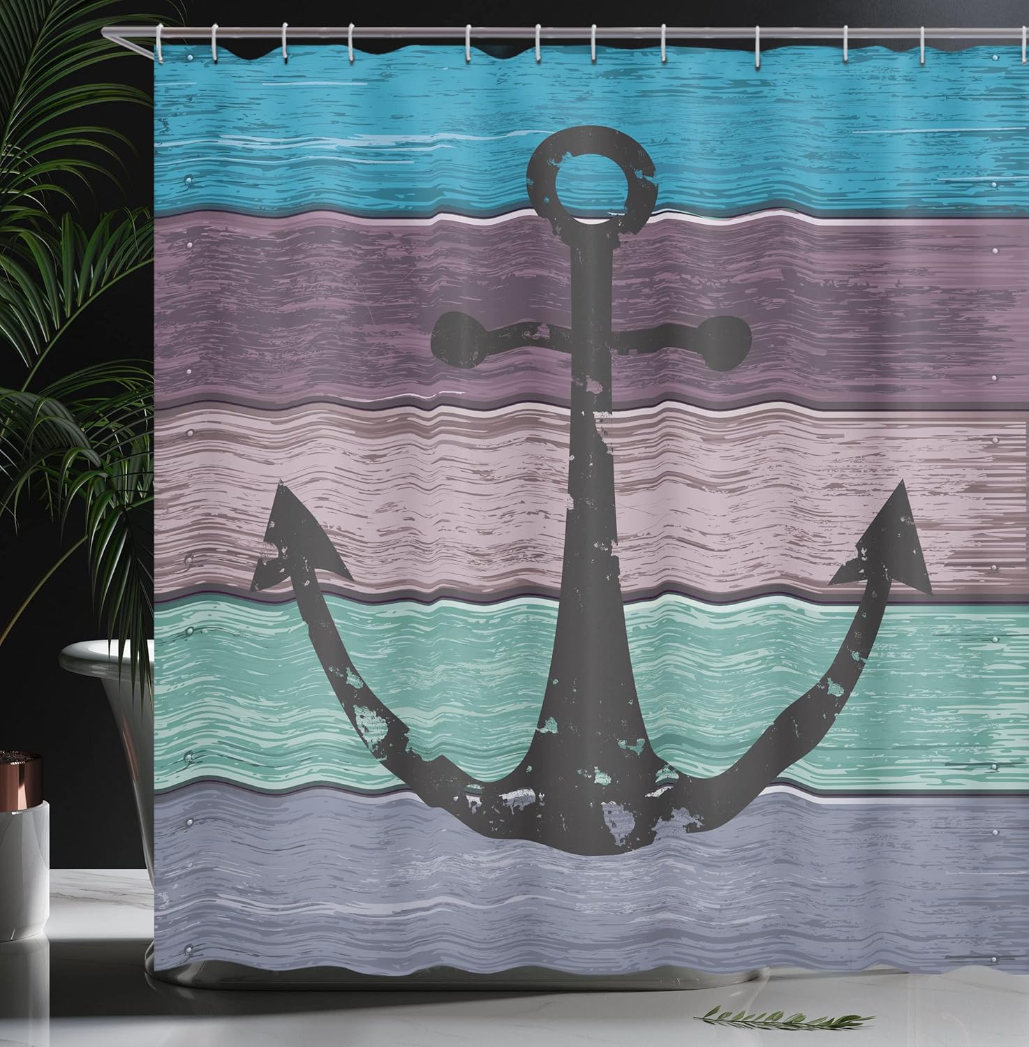 Ambesonne Anchor Shower Curtain, Rustic Design Marine Motif on Colorful Weathered Wooden Planks Grunge Nautical Art, Cloth Fabric Bathroom Decor Set with Hooks, 69" W x 70" L, Multicolor Purple