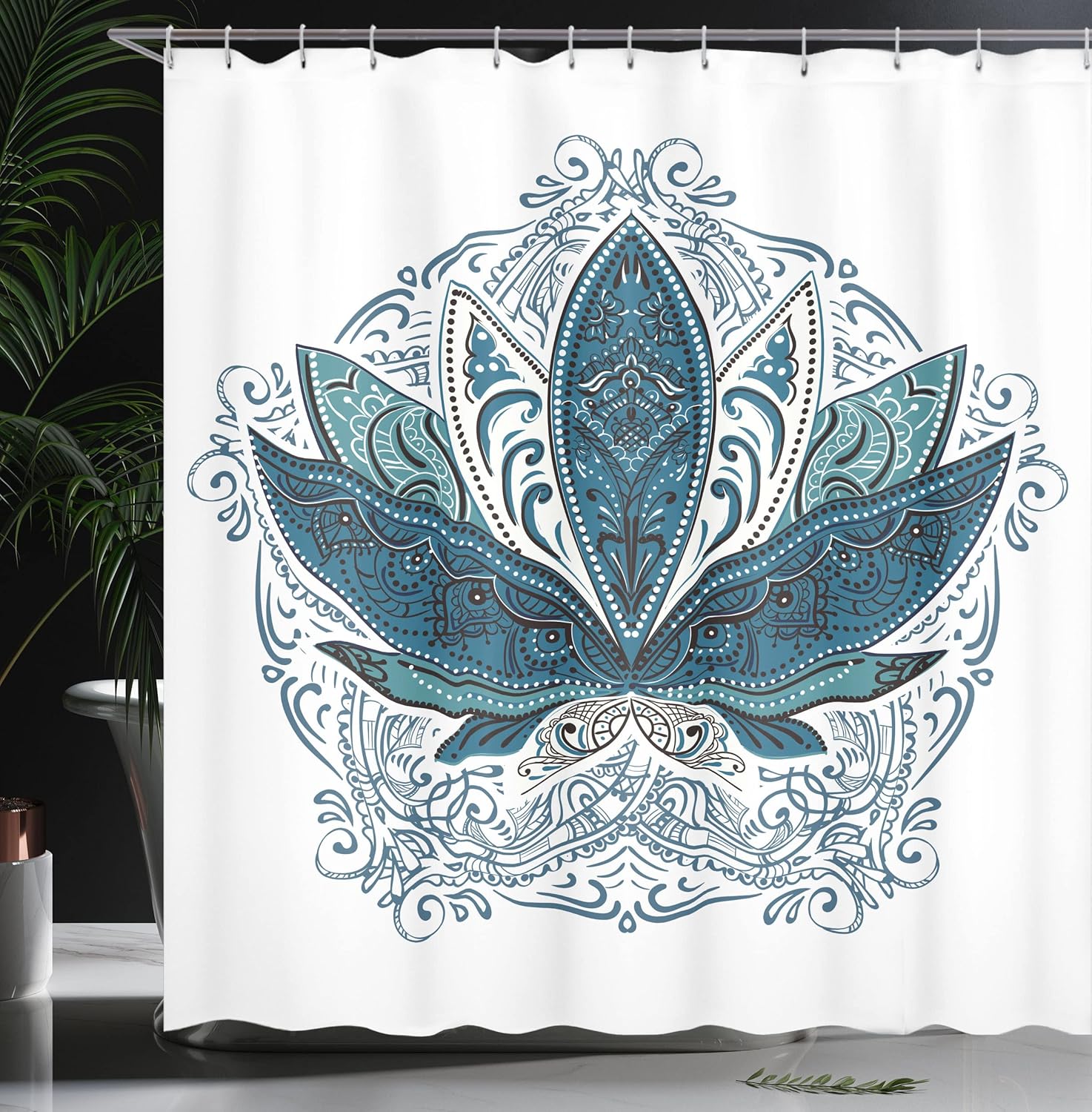 Ambesonne Lotus Shower Curtain, Flower Bloom Ornaments Exotic Petals Oriental Traditional Boho Design, Cloth Fabric Bathroom Decor Set with Hooks, 69" W x 70" L, Cadet Blue