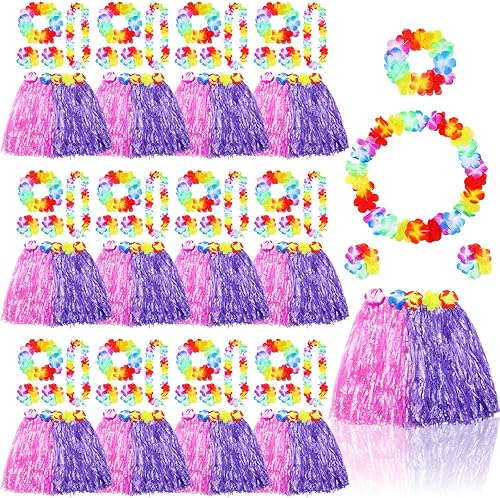 12 juegos de falda elástica de hierba de bailarina hula hawaiana Luau hierba faldas de flores conjunto de disfraz para niños fiesta Luau