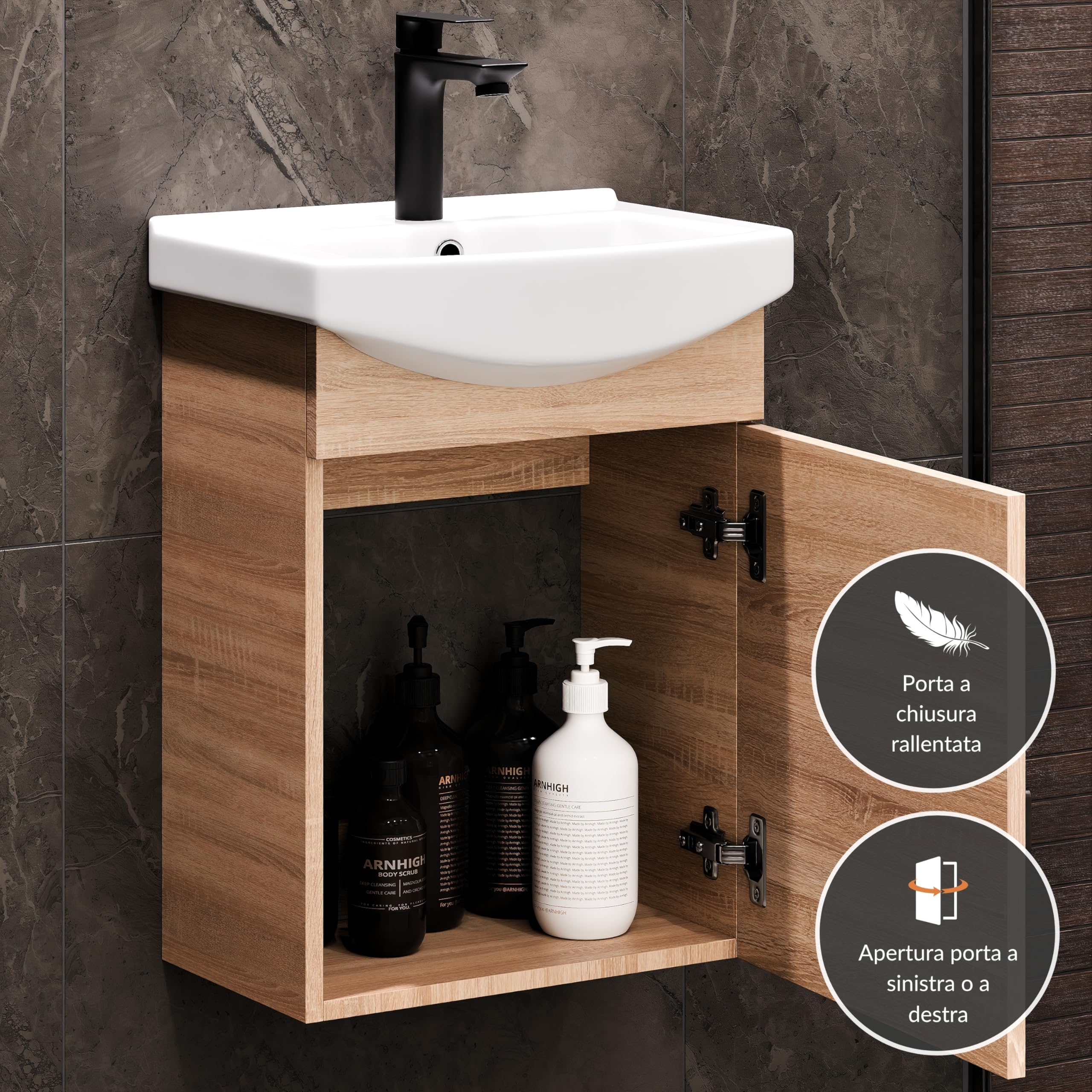 Planetmöbel Set di mobili da bagno lavabo con mobiletto 45 x 60 x 33 cm con rubinetto nero per bagno e WC ospiti, rovere Sonoma