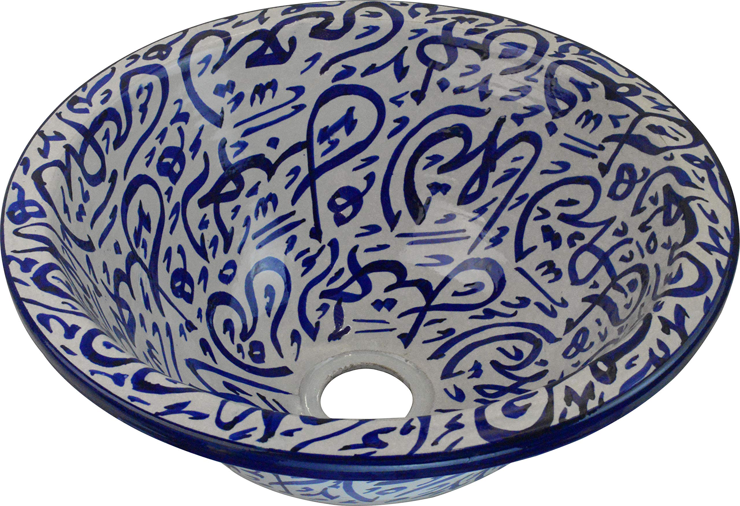 Maison Andaluz Blue And White Blue Cobalt Calligraphy Hand Painted Moroccan Ceramic Bathroom Sink Basin - Round, Painted Inside Out - True Hand Painted Calligraphy Sink - Ø 40 H 16 Cm