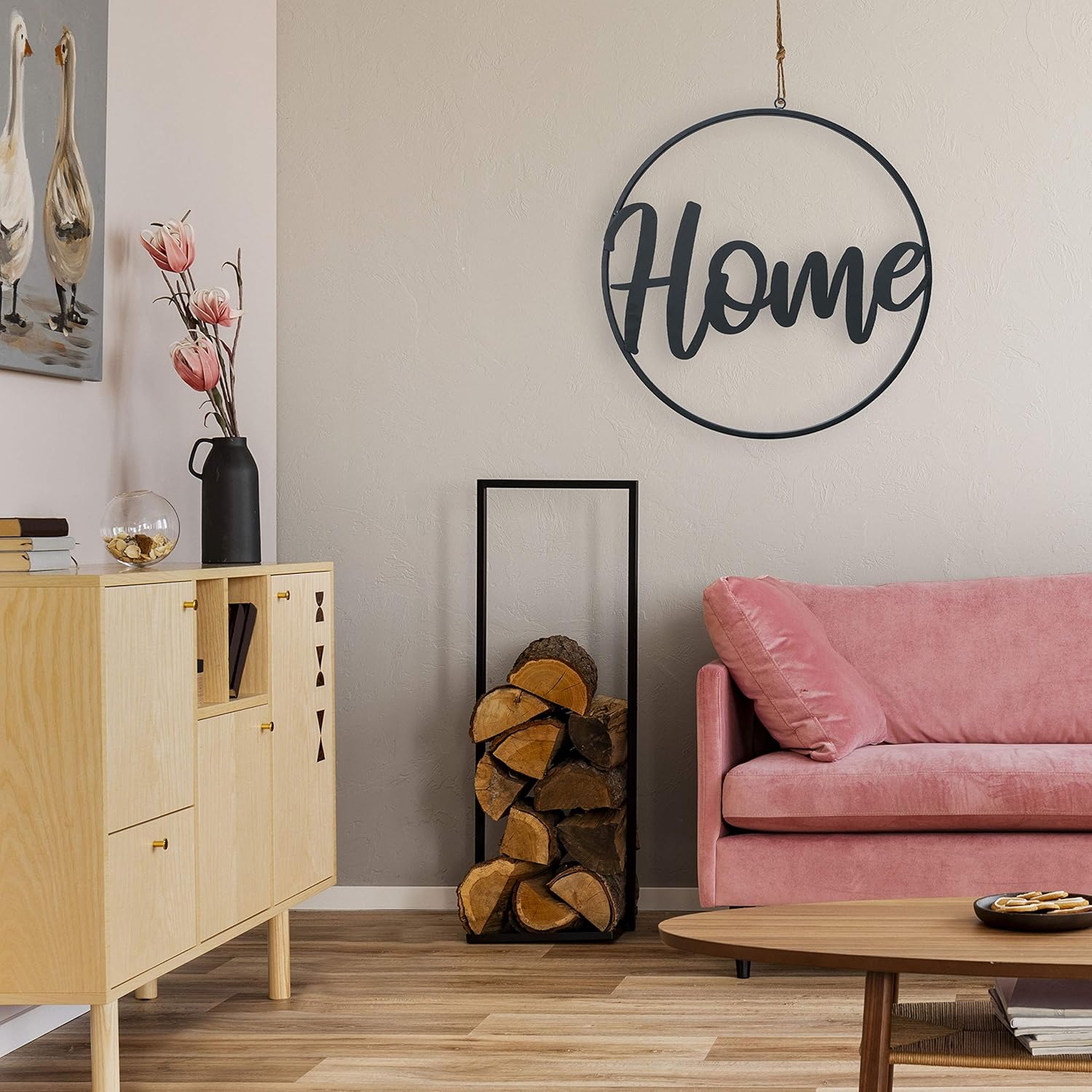 Scripted Home Sign, Word Art, Circular Frame, Matte Black, Iron, 15 Inches in Diameter, Hand Welded Details