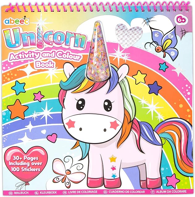 abeec Unicorn Colouring Book  Kids Activity Pack Containing: Unicorn Colouring, Unicorn Activities, Unicorn Stickers and Glitter Unicorn Horn  Unicorn Gifts for Girls - Unicorn Sticker Book