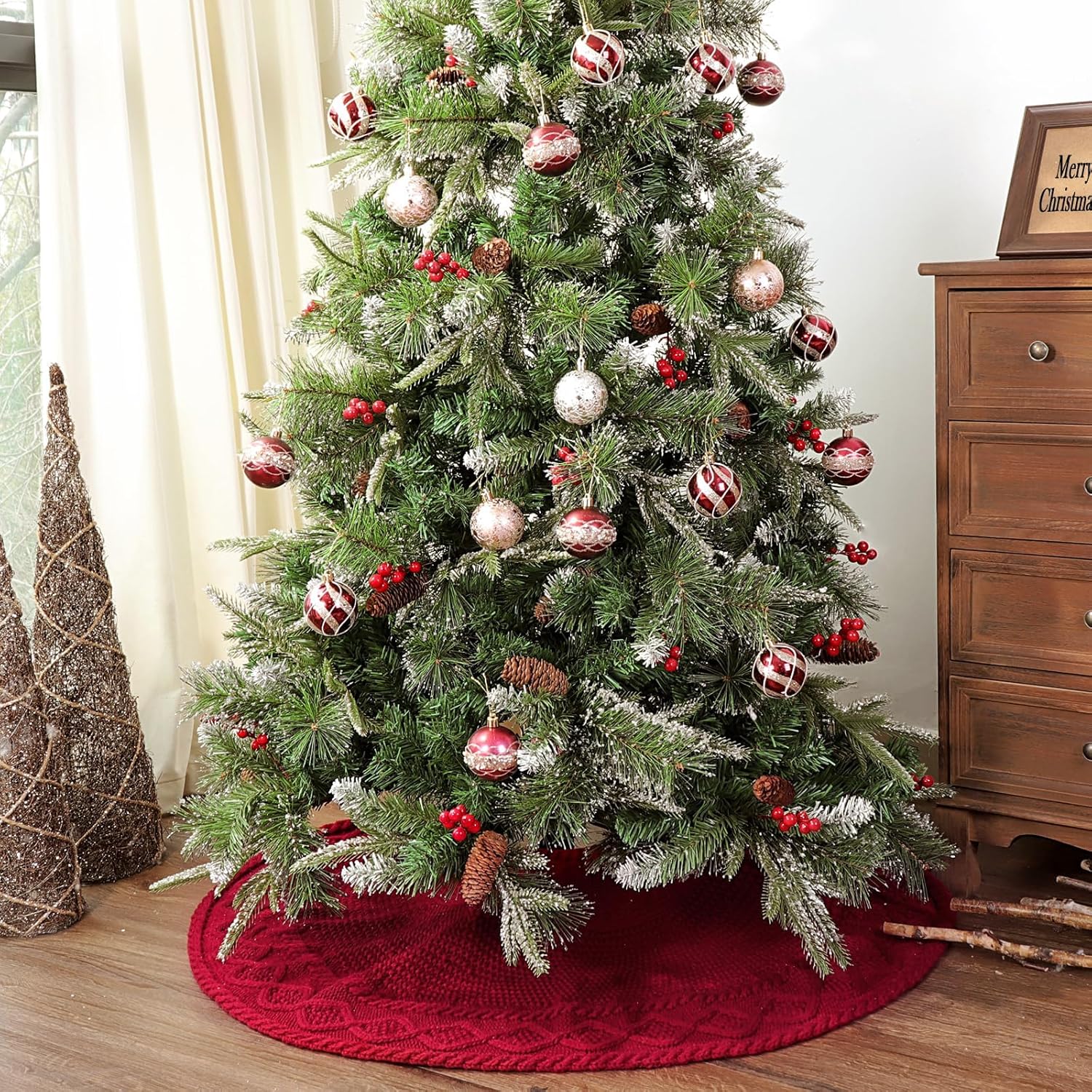 36 inch Christmas Tree Skirt: Pencil Tree Skirt for 6ft Tree, Diamond Edge Knit Small Wine Red Tree Skirt, Vintage Tree Skirts, Rustic Farmhouse Christmas Decorations