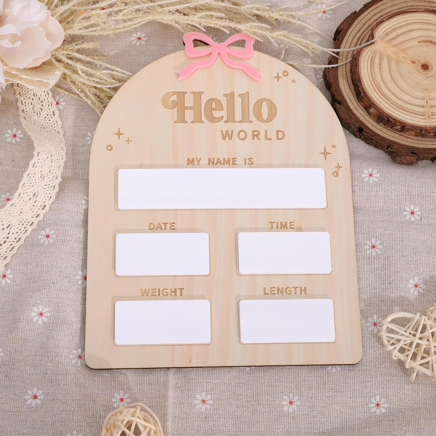 Wooden Bow Baby Birth Announcement Sign for Girls - Pink Bow Hello World Newborn Welcome Board, Wooden and Acrylic Birth Announcement Board, Hospital Birth Stats, Nursery Decorations